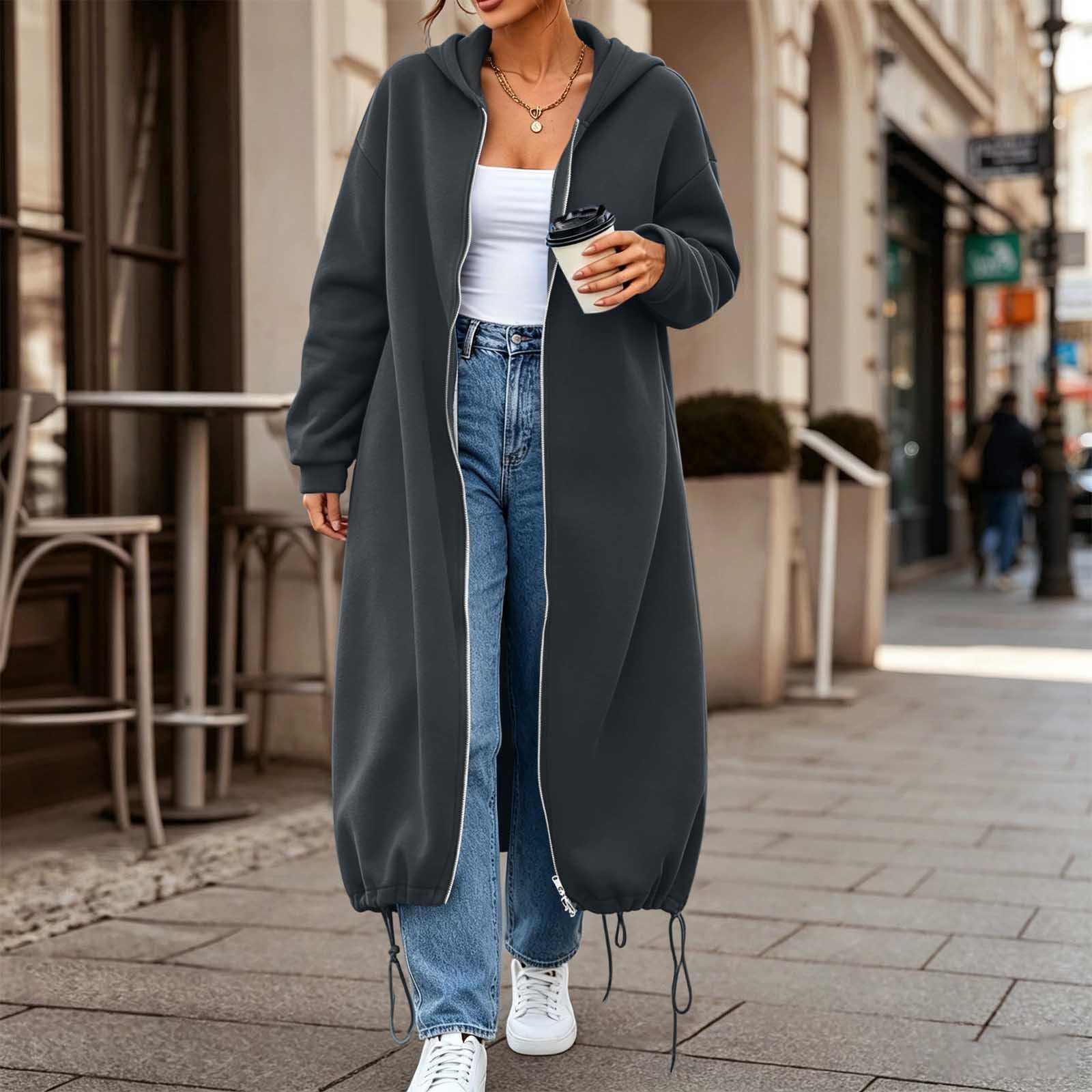 LUCKME Chaqueta Larga Mujer,Sudaderas Mujer Manga Larga con Capucha y Cremallera Color Sólido Casual Abrigo Deportivo Holgada con Bolsillos Suelto Cómodo Sudadera Informal Ropa Otoño Invierno