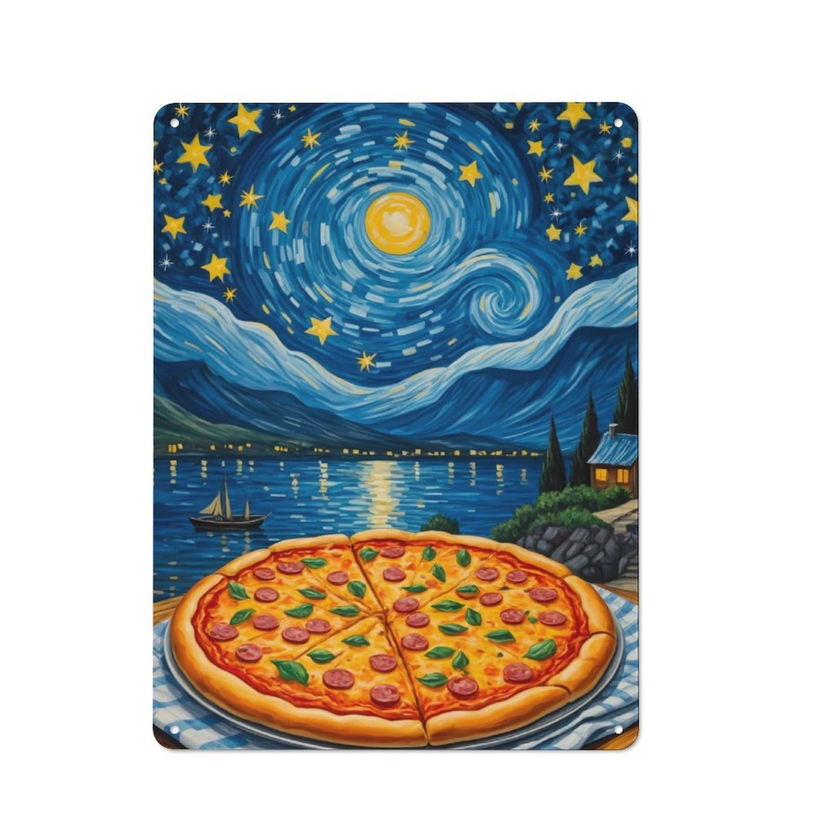 Junmoney Pizza Starry Night Nostalgic Decorative Tin Plaque 40X30cm Featuring Classic Pub Decor For Cafe, Pub, Workshop Or Home Bar