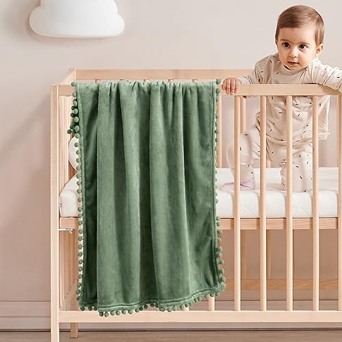 Miniatura 2 de MIULEE Manta de vellón para bebé con borla de pompón para niños, niñas, bebés, recién nacidos, manta acogedora de franela suave, mullida, cálida