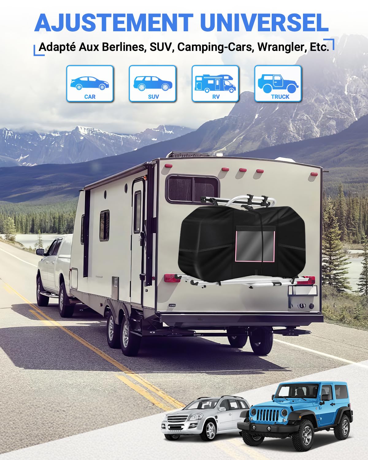 SUPAREE Housse de Protection Velo Exterieur Housse Velo Transport Porte Velo Bache Velo pour Camping Car pour 2 à 3 Vélos 420D Oxford Heavy Duty Impermeable pour Voiture Voyages