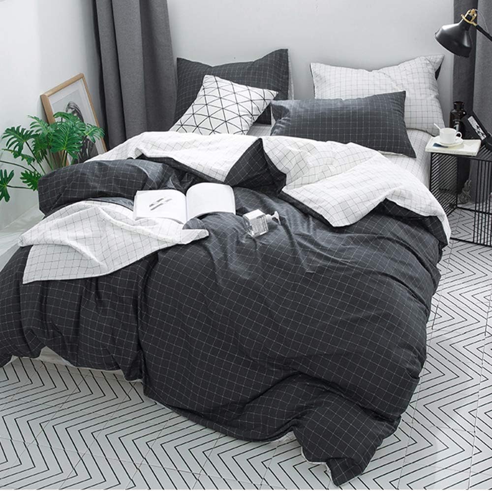 CLOTHKNOW Black and White Grid Duvet Cover Set Twin Cotton Plaid Bedding Sets Boys Girls Geometric Checkered Bed Set 3 Pcs Comforter Cover Sets with Zipper Closure and 2 Pillowcases