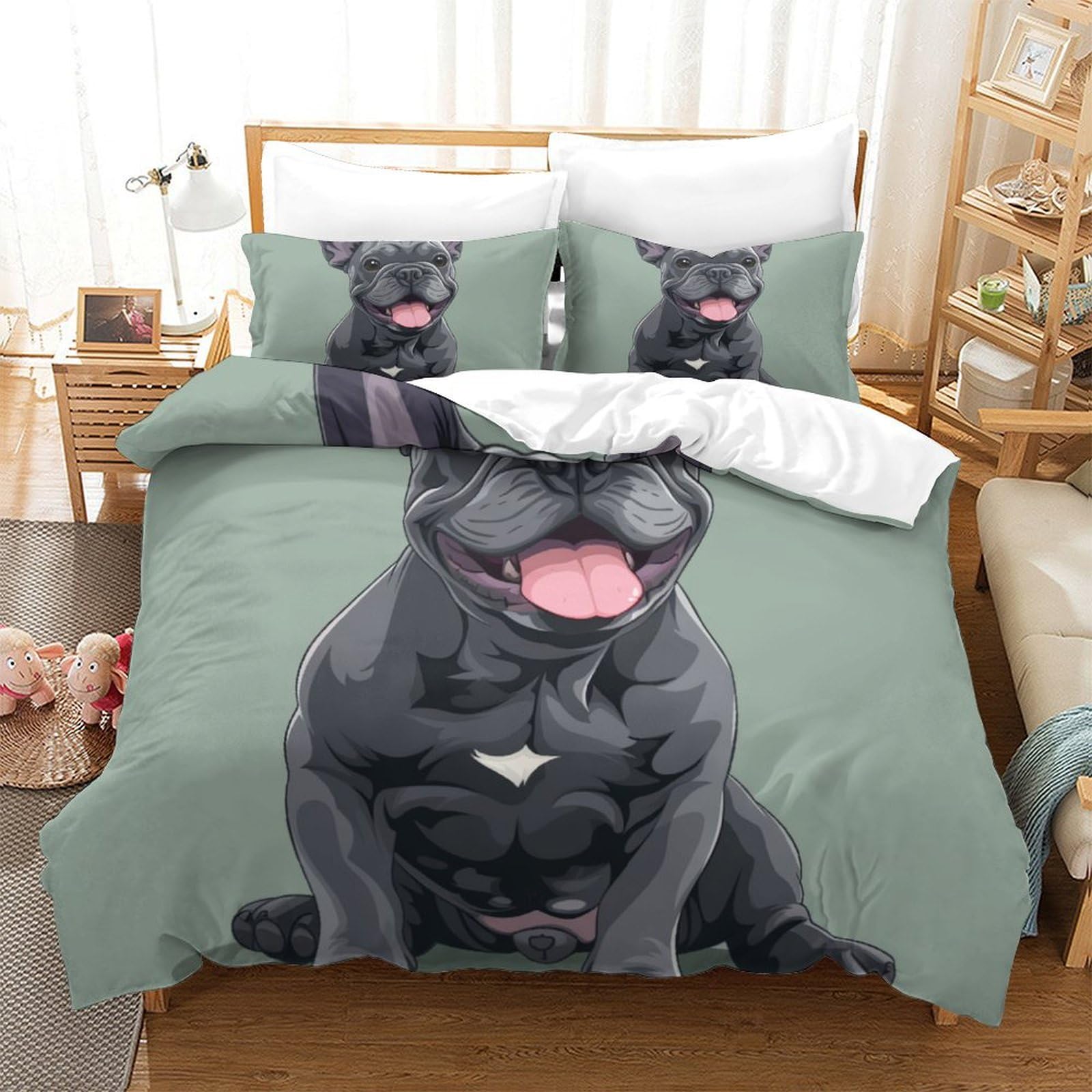 Housse de couette bouledogue français 3D parure lit 3 pièces microfibre 260x220 pour grand lit