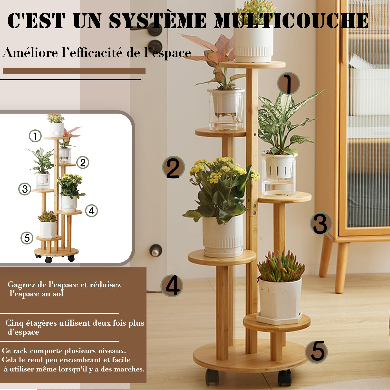 Support de plantes d'intérieur à roulettes, 5 niveaux en bambou pour plantes d'intérieur, Support pour plantes, Diamètre du châssis : 33 cm（Couleur bois）