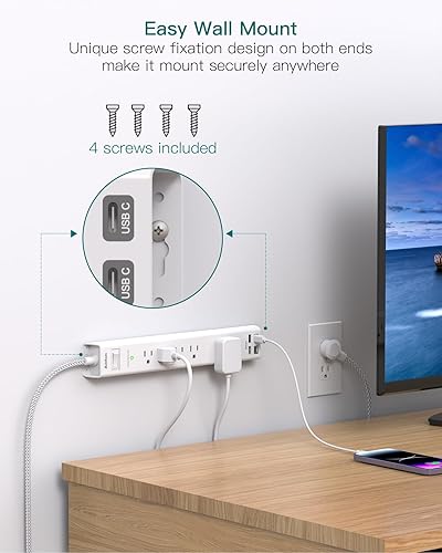 Miniatura 5 de Addtam - Tira de alimentación con protector de sobretensiones de 10 pies, cable de extensión largo, 5 salidas amplias, 4 puertos USB, enchufe plano,