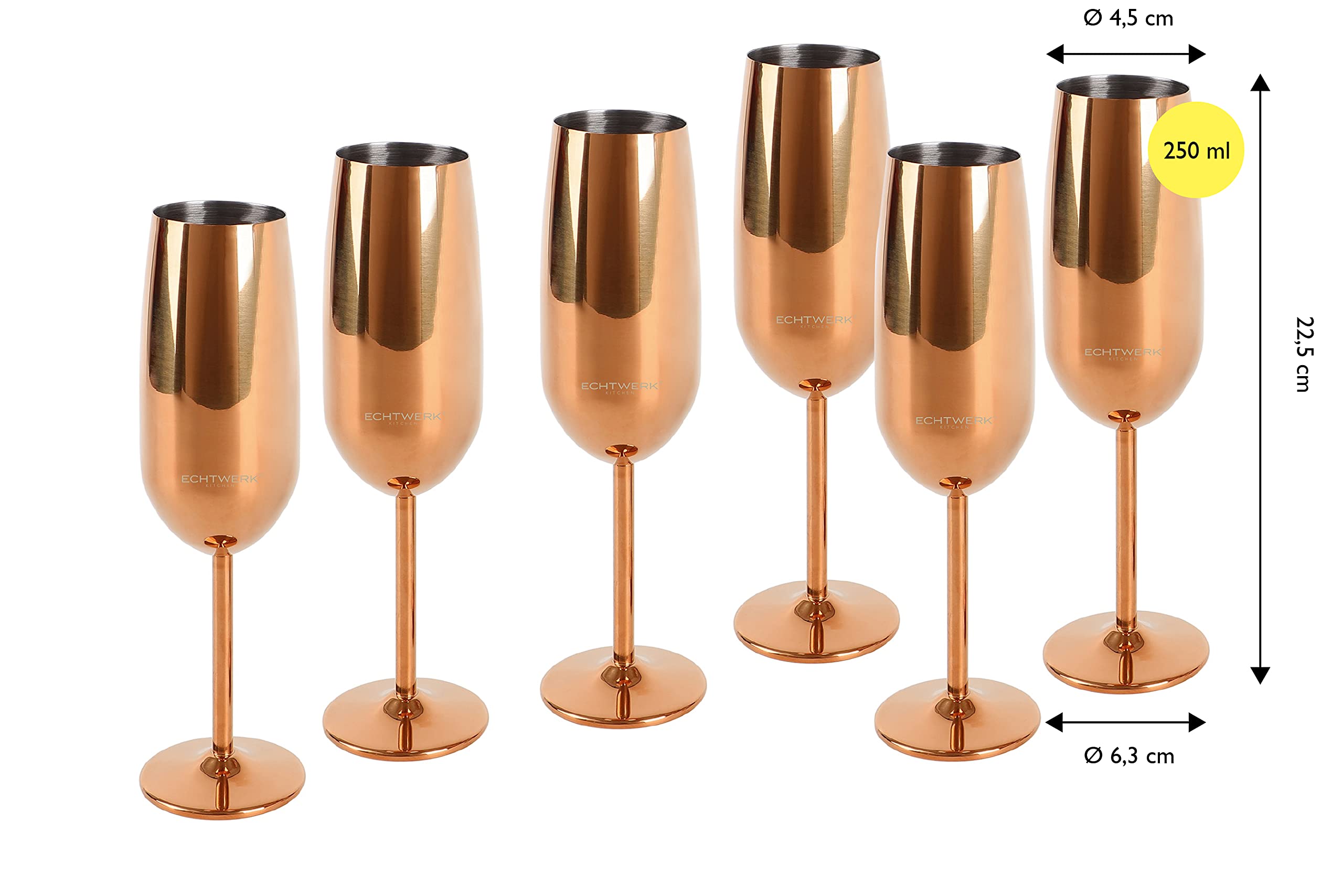 ECHTWERK Service de 6 coupes à champagne en acier inoxydable, édition cuivre, 250 ml, 22,5 x 6,3 cm, EW-CG-1770K