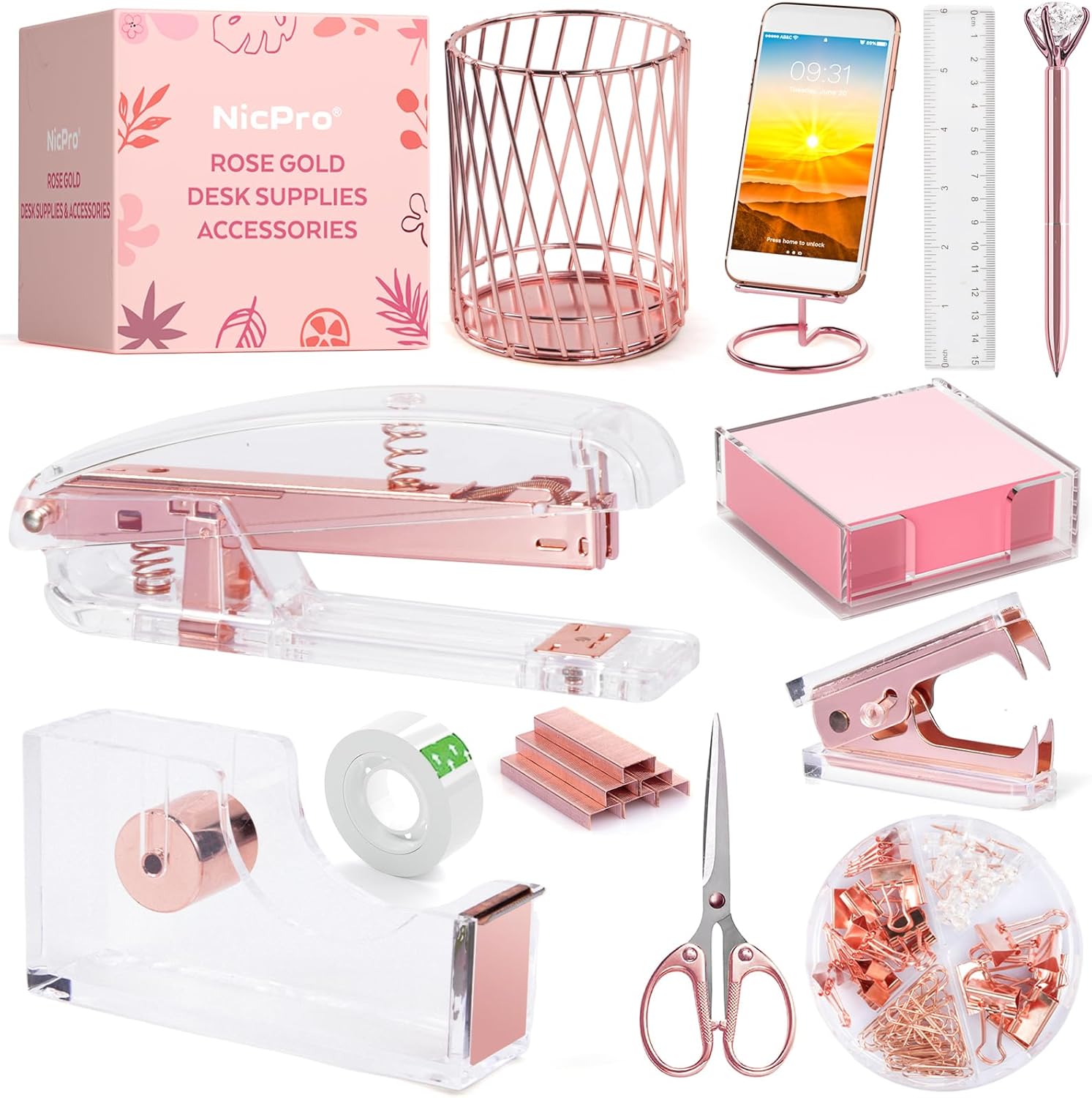13 PCS Rose Gold Desk Accessories Office Supplies Set