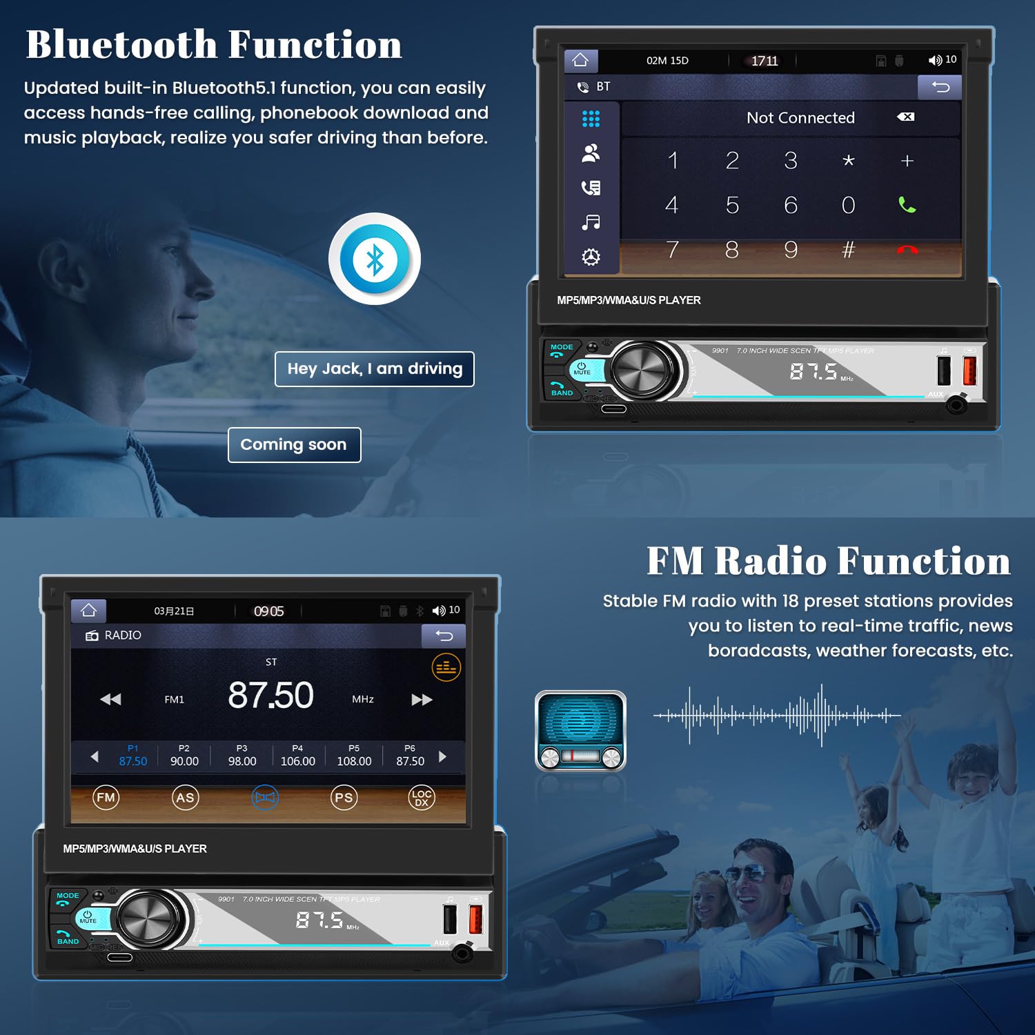 Hikity 7" 1 DIN CarPlay Autoradio avec Bluetooth FM Caméra de Recul | Écran Tactile Android Auto Wireless CarPlay Mirror Link EQ Commandes au Volant Mains Libres USB AUX