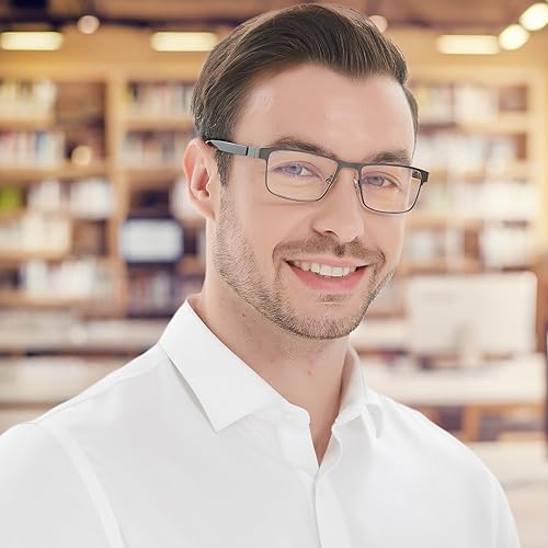 Miniatura 2 de EYECEDAR Paquete de 5 lentes de lectura para hombre, bloqueo de luz azul, metal plomizo, marco completo, bisagra de resorte, antifatiga ocular,