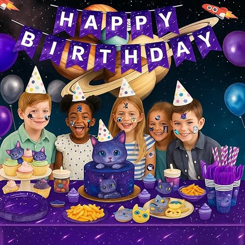 Miniatura 2 de 92 piezas divertidas de tatuajes temporales con temática de gatos espaciales, decoraciones de fiesta de cumpleaños, suministros de decoración de