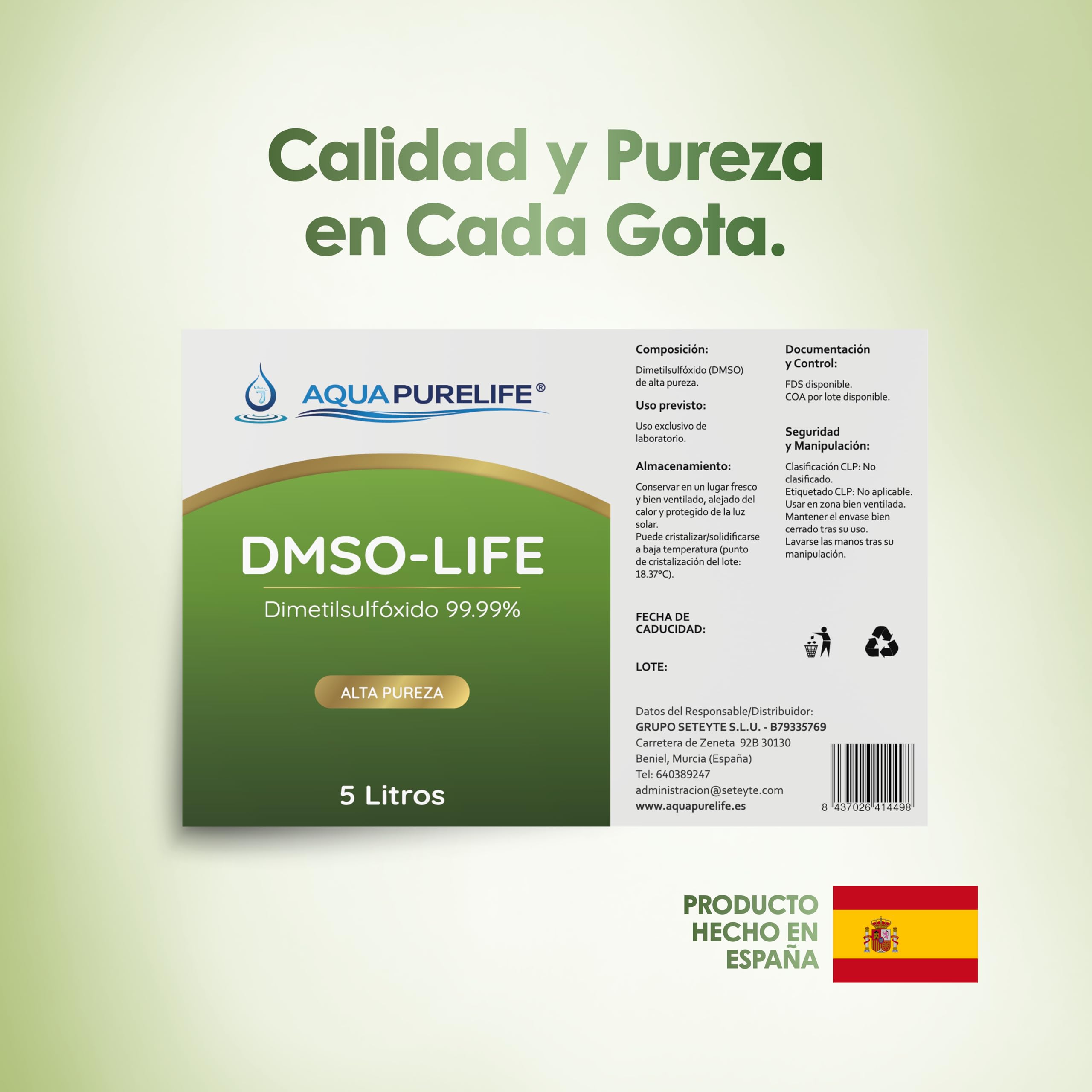 AGUAPURELIFE DMSO 99.9 Pure HDPE Kanister, hochwertiges Dimethylsulfoxid, ideal zum Mischen und Verdünnen, Format 5 Liter