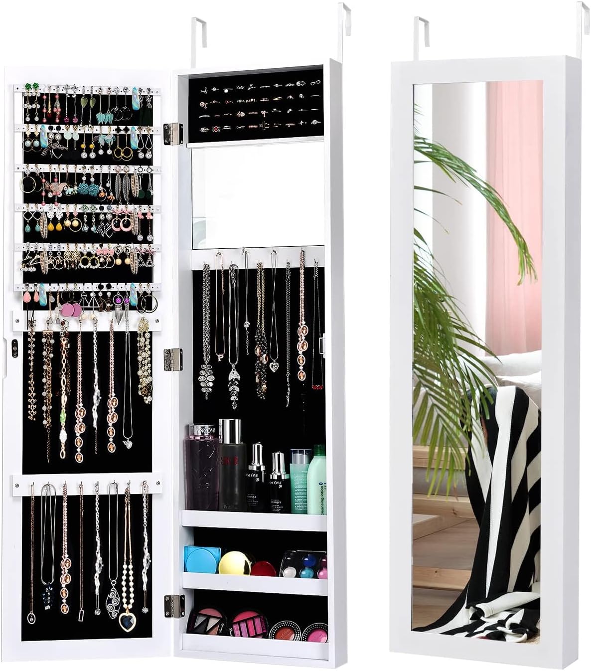 COSTWAY Jewellery cabinet, with full-length mirror and built-in vanity mirror, jewellery mirror cabinet for earrings, rings and chain hooks, door/wall mount (white)