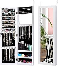 COSTWAY Jewellery Cabinet with Full Length Mirror and Built-In Makeup Mirror, Jewellery Mirror Cabinet for Earrings, Rings and Chain Hooks, Door/Wall Mounted (White)