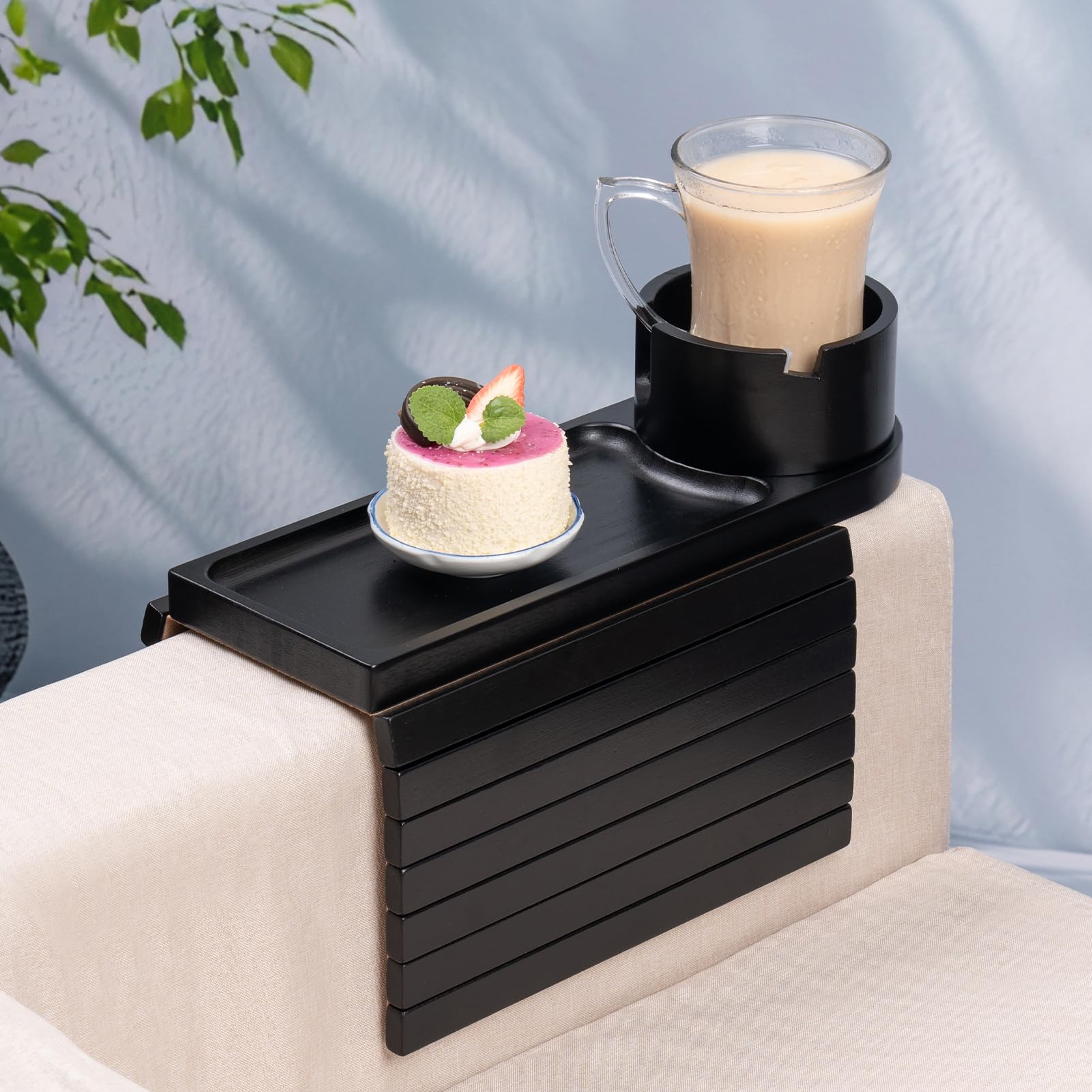 Soporte para tazas de bambú para sofá, mesa de sofá que se adapta a la mayoría de sofás, bandeja 3 en 1 para sofá para bebida, teléfono, control remoto y aperitivos, mesa con reposabrazos de sofá con