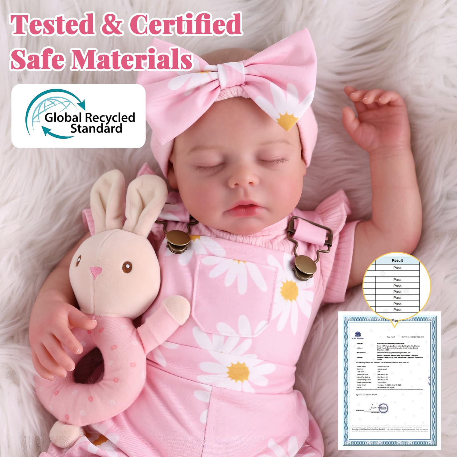 BABESIDE Reborn Puppe Mädchen, 20 Zoll Vinyl Schlafende Babypuppen wie echt | Bewegliches Reborn Baby mit Stoffkörper, Lebensechte Babypuppen mit Latzhosen-Set und Zubehör, Baby Doll Puppe ab 3+ Jahre