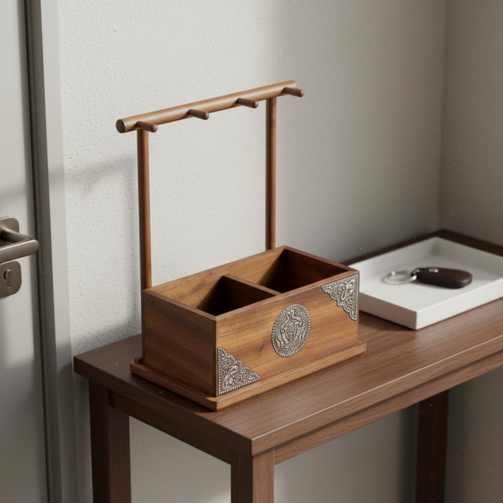 Portachiavi Ingresso Organizer Chiavi Vassoio da Scrivania Supporto in Legno Solido con Barra per Collane E Finitura Fatta a Mano Adatto per Ingresso Soggiorno Studio Regalo