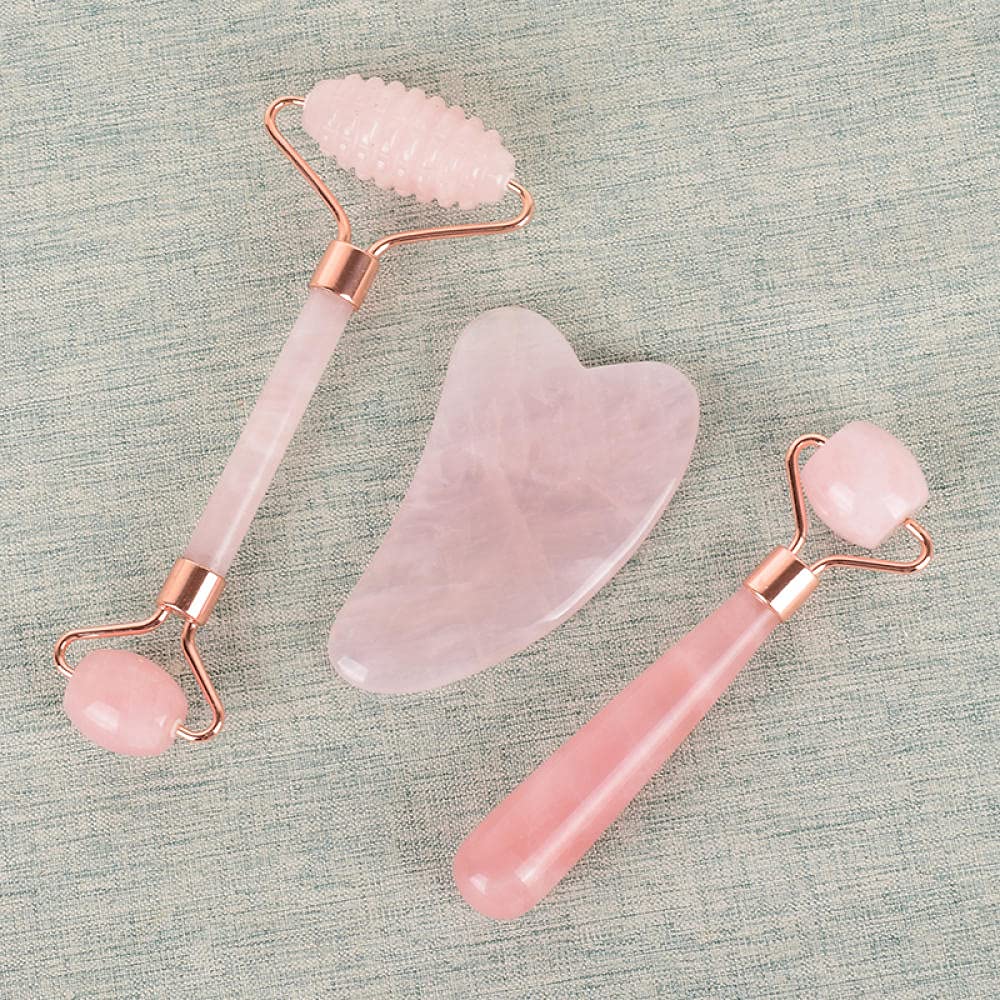 Rullo di quarzo rosa dimagrante per la cura del viso Gua Sha SHA Set di pietra naturale-4 pezzi