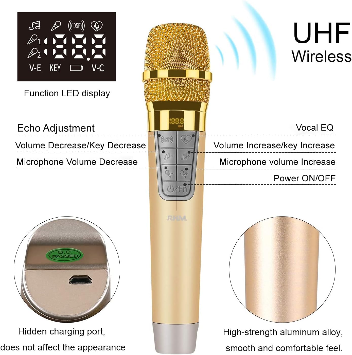RHM Karaoke Machine,2 Wireless Microphones,Rechargeable Battery Speaker,Portable PA Speaker System with Bluetooth/AUX/USB/SD for Home,Party,Wedding,Picnic Outdoors&Indoors Activities
