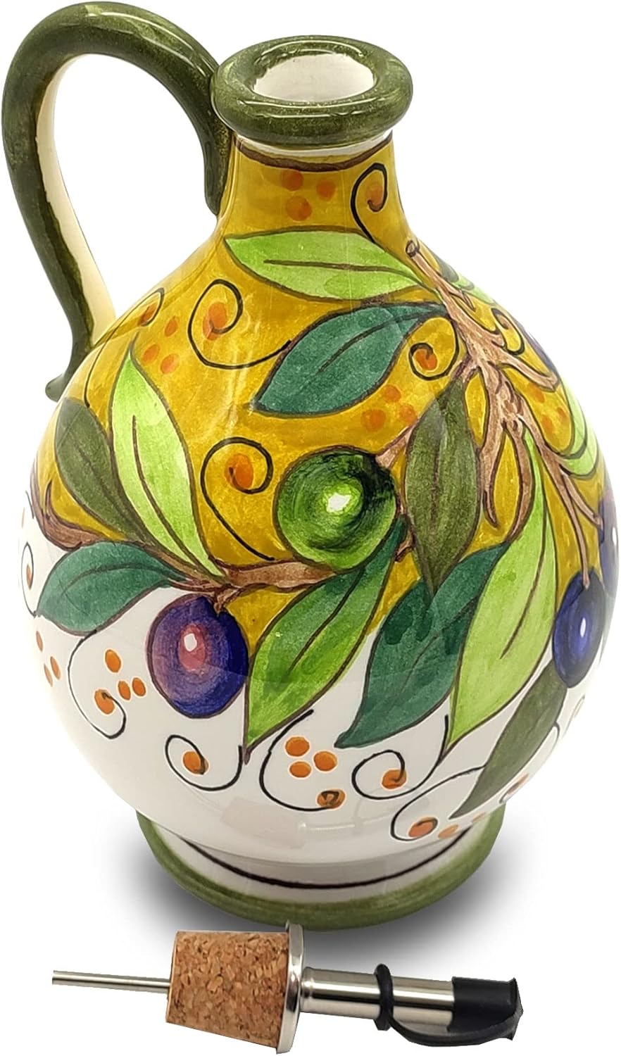 Italian Ceramic Olive Oil Dispenser Bottle XL Size - Hand Painted Oil Cruet Olives Design for Kitchen - Made in ITALY Tuscany - Italian Pottery - 14 Oz
