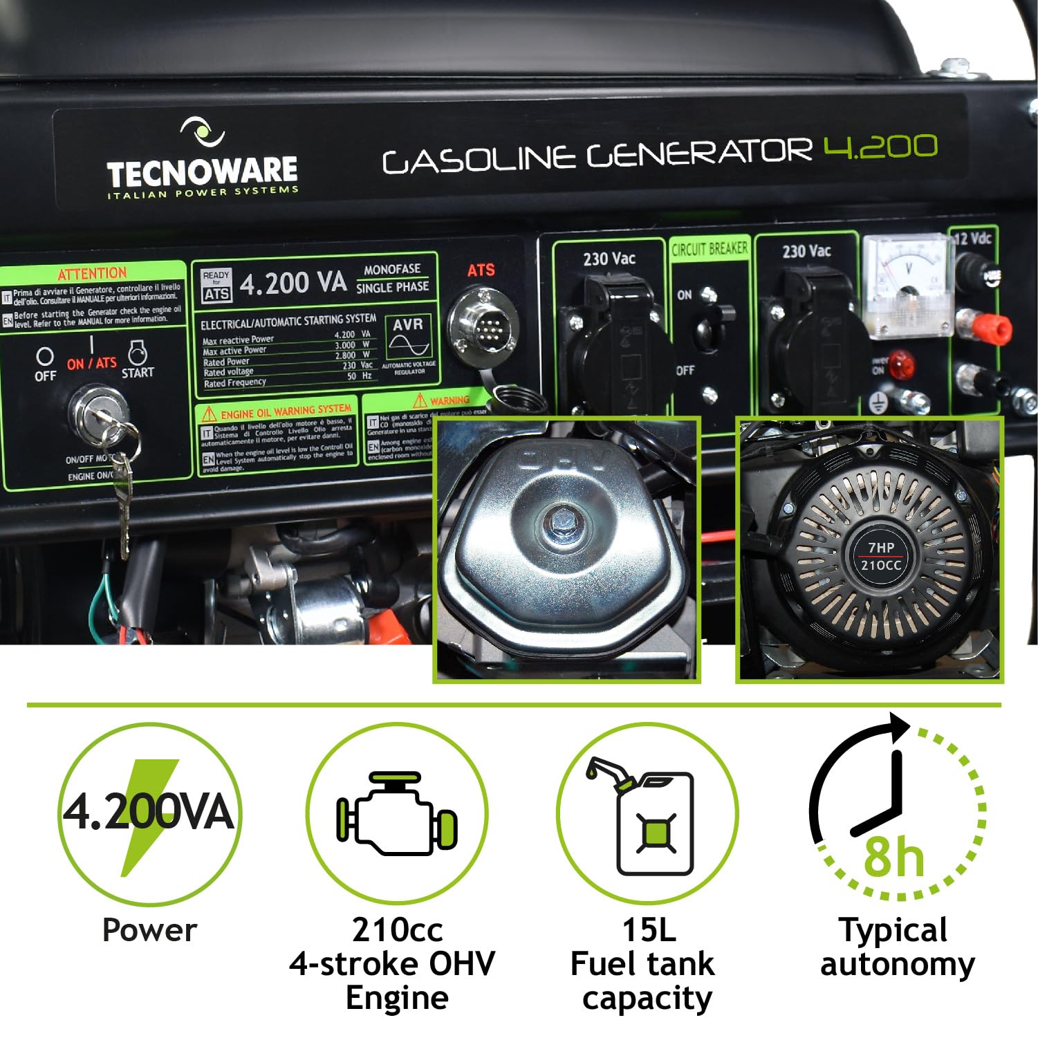 Tecnoware Power Systems - Generador de Corriente 4200 VA, Motor Gasolina 4 Tiempos, Arranque Eléctrico y Manual, Depósito 15L, Compacto y Portátil, Ideal para Camping y Construcción