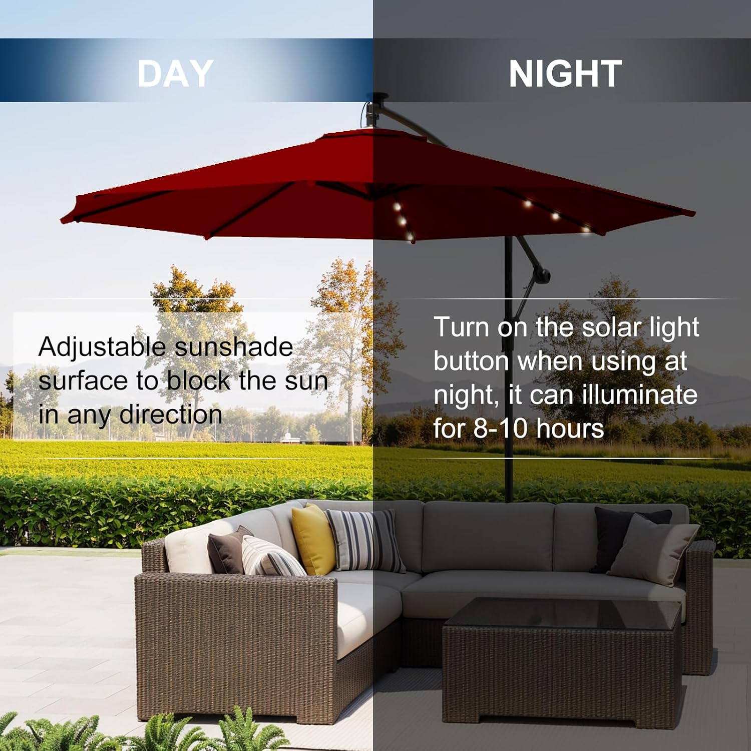EROMMY 10Ft 40 LED Solar Lighted Patio Umbrella, Outdoor Offset Cantilever Umbrella, Infinite Tilt, Crank and Cross Base, UV Protection for Backyard, Lawn, Garden & Pool