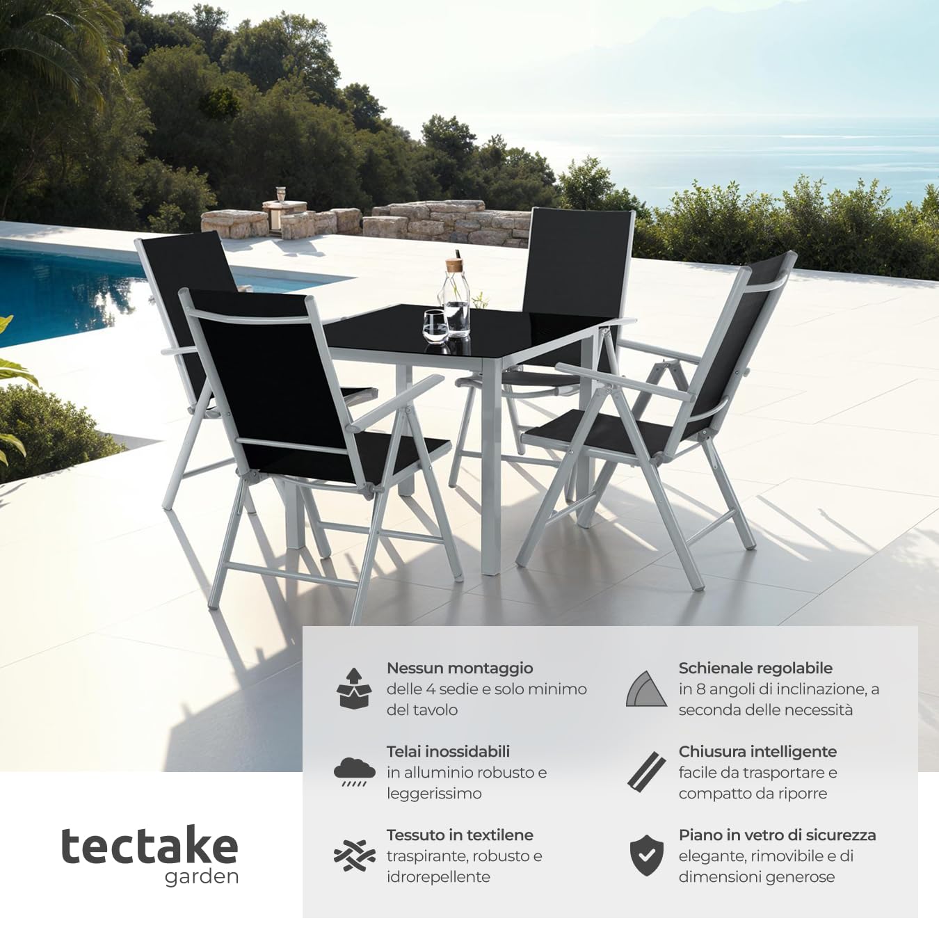 tectake® Set Tavolo da Esterno con Sedie, Telaio Alluminio, 1 Tavolo da Giardino Piano in Vetro, 4 Sedie Pieghevoli, Schienale Reclinabile 8 Posizioni, Set Resistente alle Intemperie - Grigio/Argento