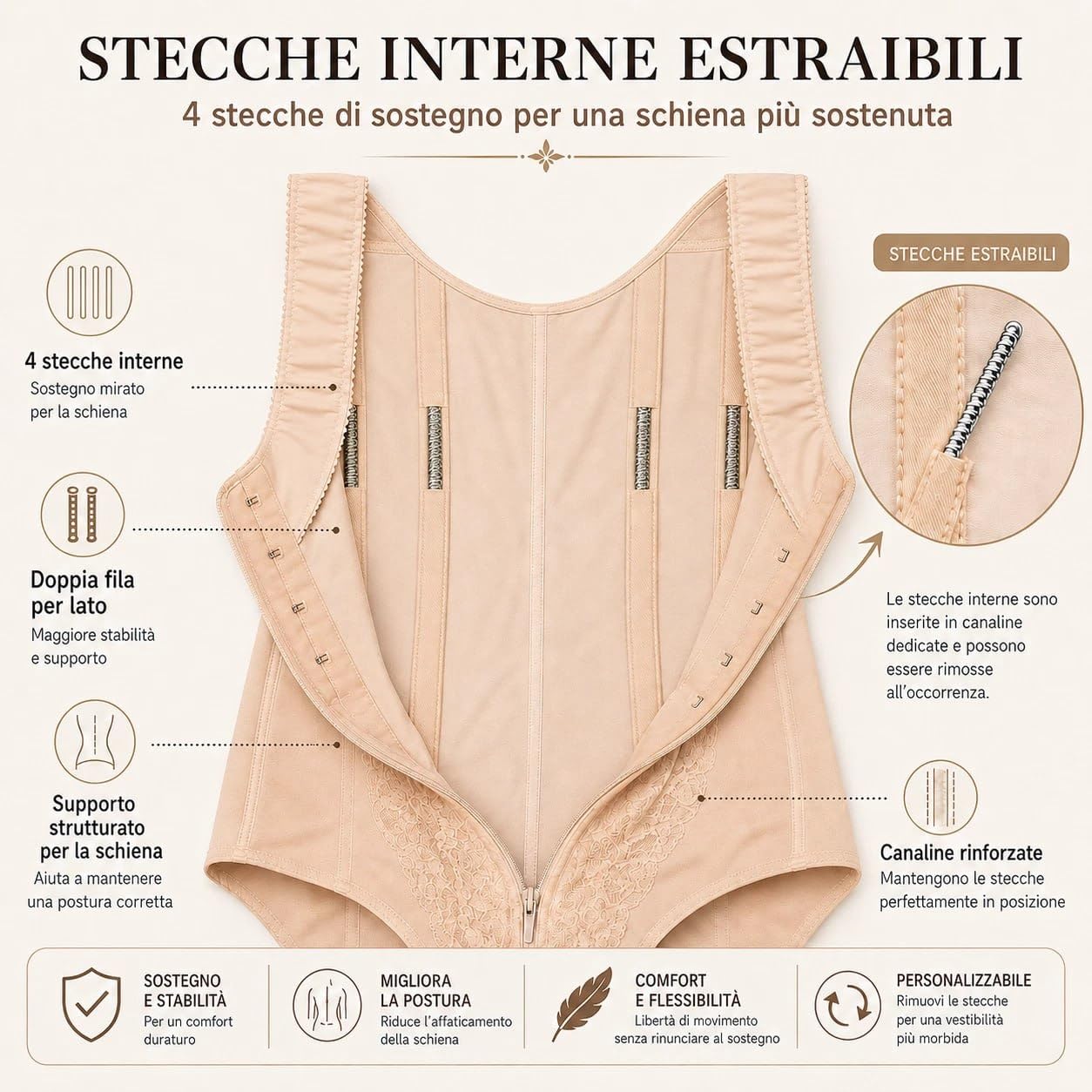 Body Modellante Contenitivo Donna Body modellatore Rinforzato in Elastico Pesante doppiato Interno Stecche Estraibili