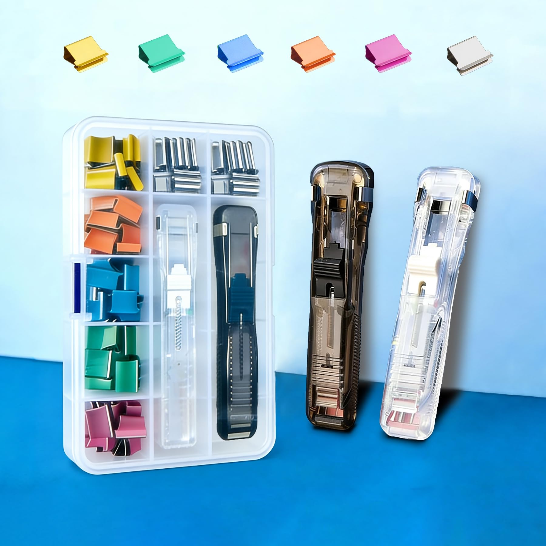 Agrafeuse à pousser, pinces à papier avec 140 clips de recharge réutilisables en acier inoxydable, capacité de 40 feuilles, distributeur de pinces pour documents de bureau, fournitures scolaires