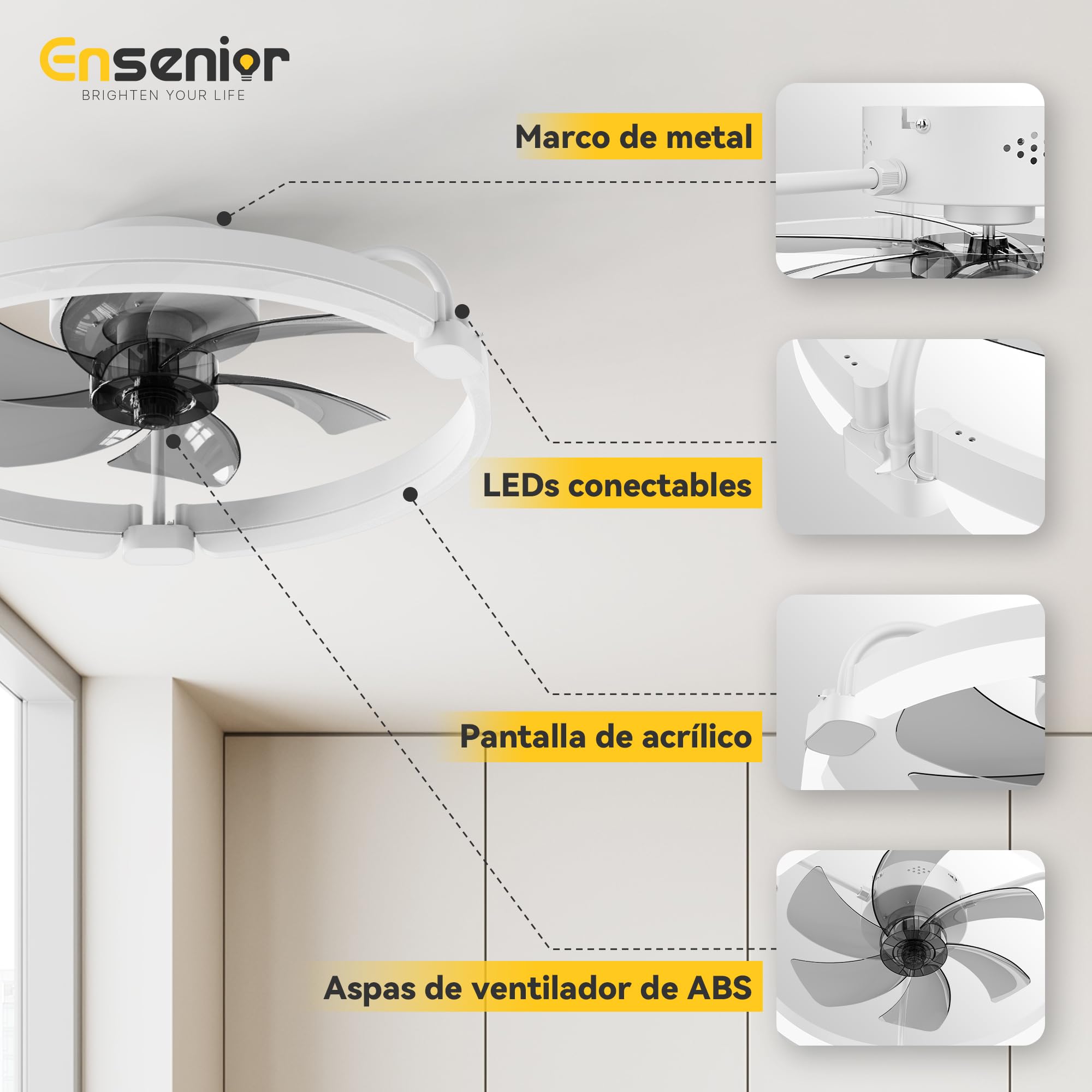 Ensenior Ventilador de Techo con Luz Silencioso, 50cm Lámpara Ventilador Techo con Aspas Desmontables, Motor DC, Plafón LED Regulable con Memoria y APP, 6 Velocidades para Dormitorio y Salón - Blanco