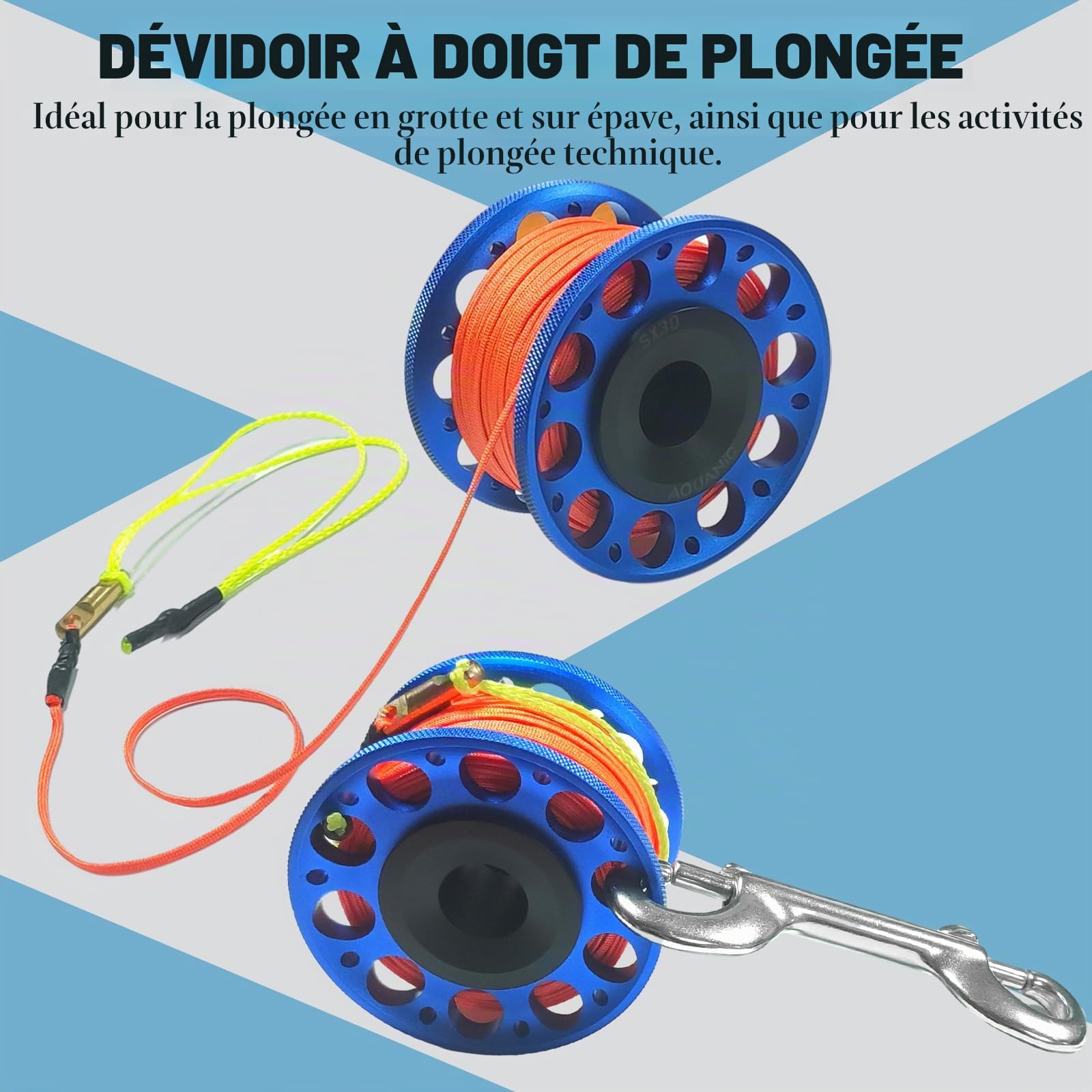 Moulinet pour plongée sous-marine de 30 m avec clip à déconnexion rapide à double extrémité en aluminium pour plongée sous-marine, snorkeling et pêche, bleu