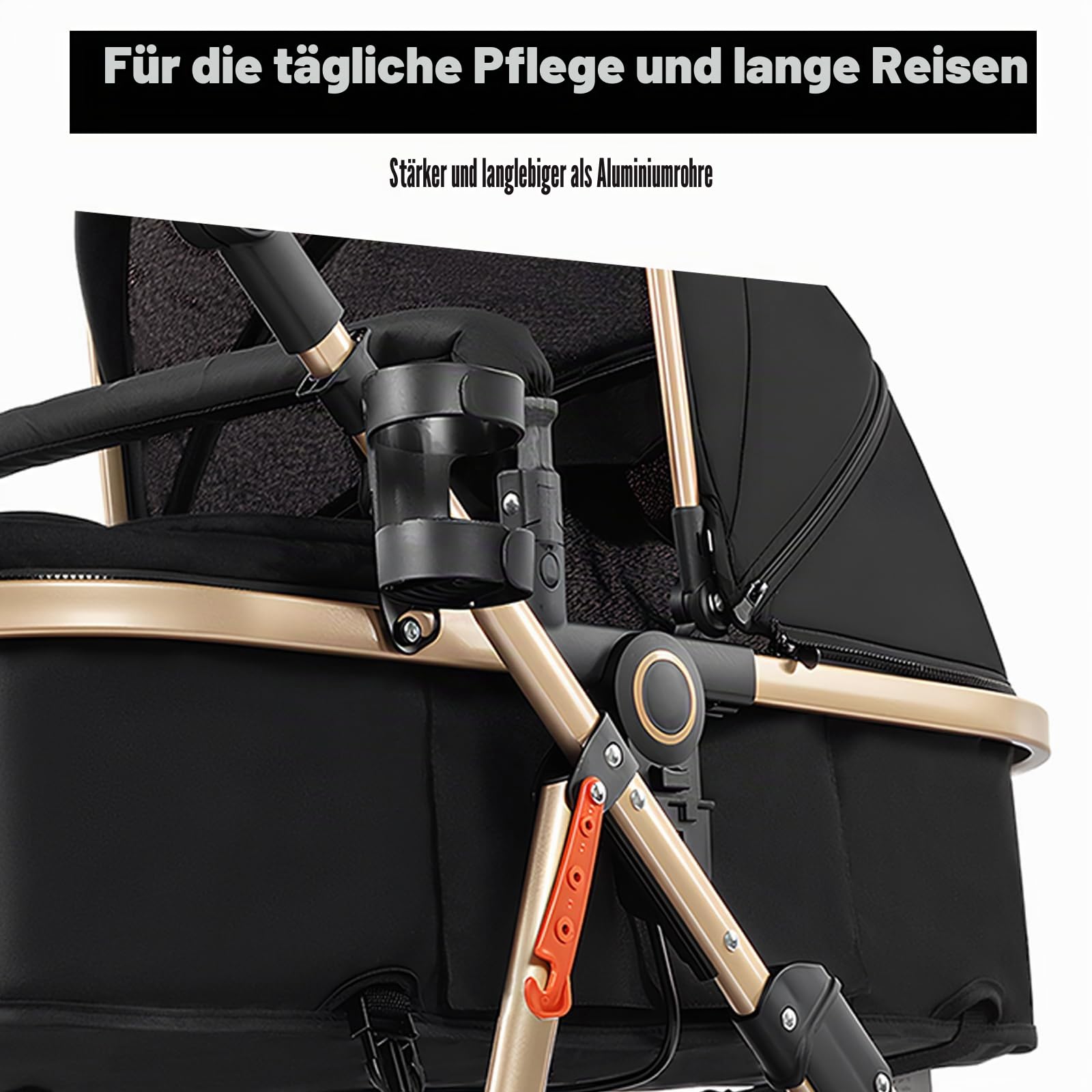 3 in 1 Kinderwagen, Liege- und Wendbarer Reisesysteme Buggy, 3-teiliger One-Click-Klappkinderwagen, Babywagen mit Komplettem Zubehör und Doppelbremsen (V8 BlackGold)