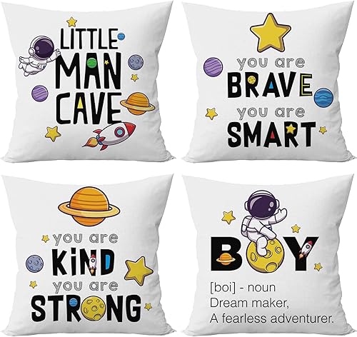 Yuzi-n Juego de 4 fundas de almohada para el espacio exterior, decoración de habitación de niños, planeta astronauta, fundas de almohada para