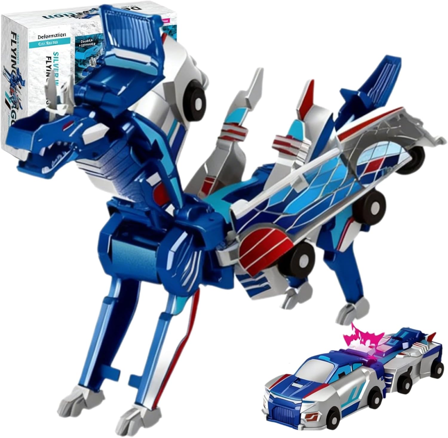 Collision Transforming Dinosaur Car Toy, 2 in 1 Crash and Transform Cars, 2 Magnetic Cars Transform into Dinosaurs with Strong Magnetic, Christmas Birthday Gifts for Boys Girls (Silver Winged Dragon)