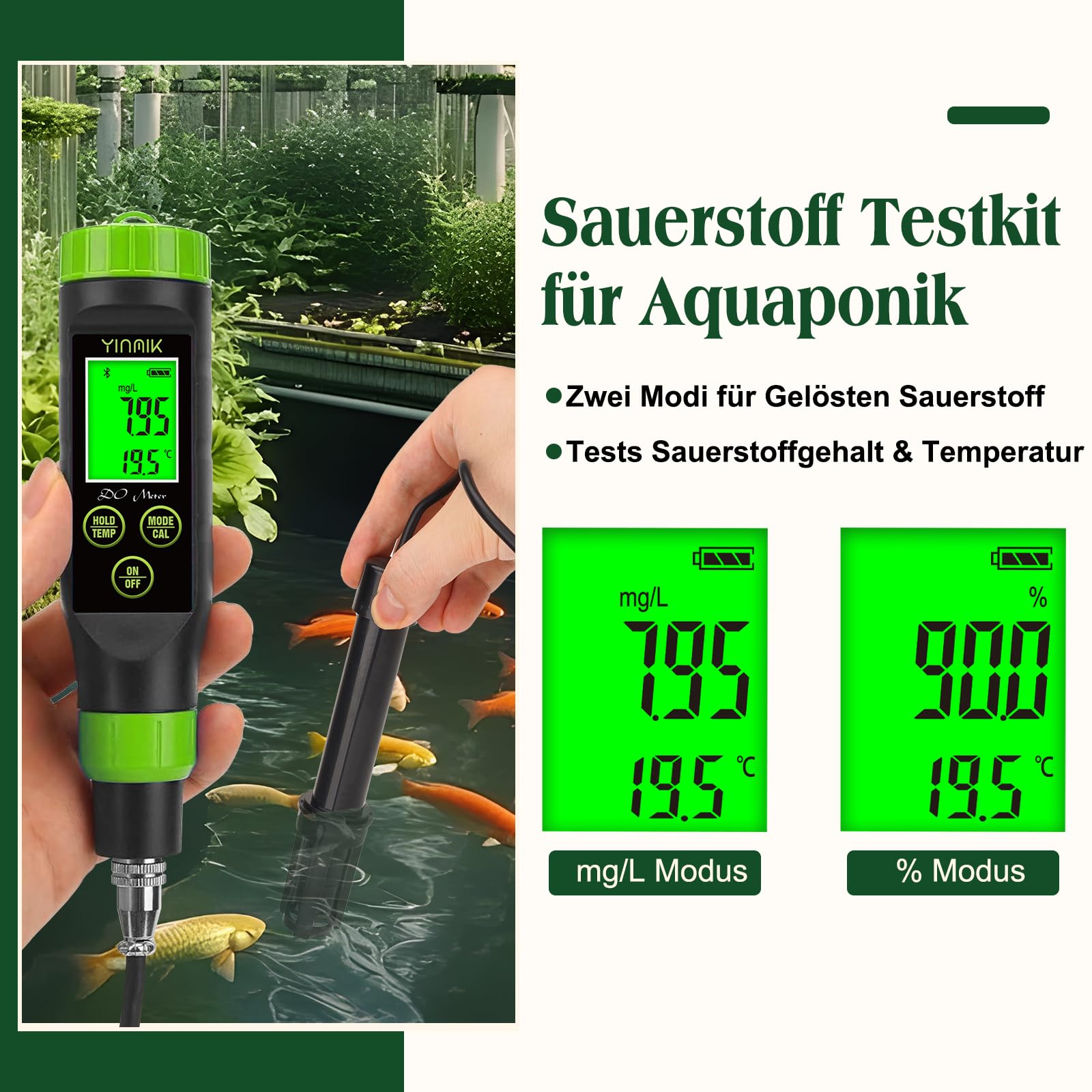 YINMIK Intelligentes Sauerstoff Messgerät Tragbares Sauerstoff Messgerät | Aquaponik Sauerstoff Test Set, Digitaler Sauerstoff Tester Wasser für Aquarium Fischbecken Hydrokultur Bierwürze Teiche
