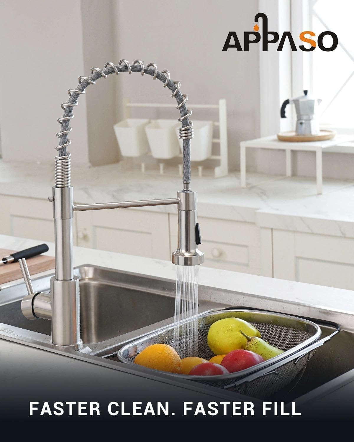 APPASO Niederdruck Armatur Küche, KTW-zertifizierten Heiß- und Kaltschläuche und Kartusche, Gebürsteter Edelstahl Wasserhahn Küche mit Brause Ausziehbar 2 Modi 360°drehbarer, Frühling küchenarmatur
