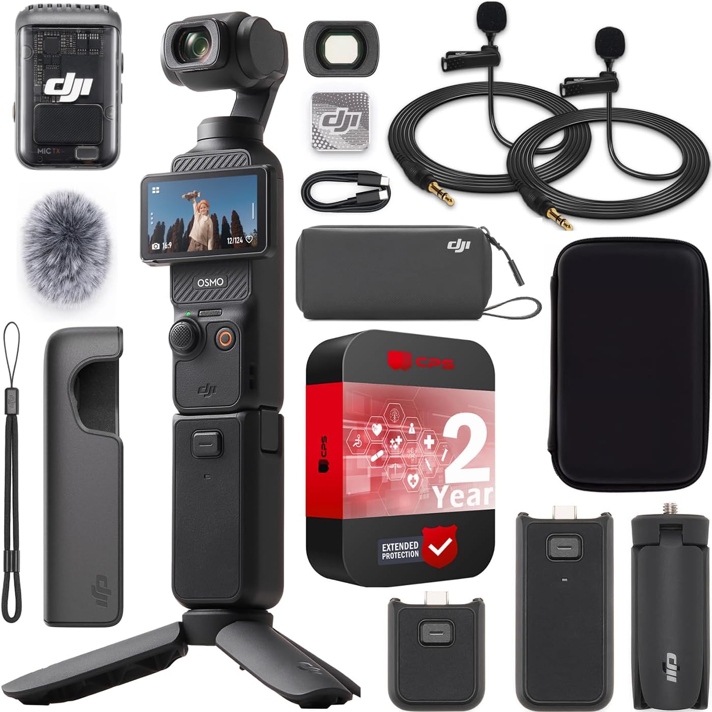 Osmo Pocket 3 Creator Combo Vlogging Camera with 1'' CMOS, 4K/120fps Video, 3-Axis Stabilization, Face/Object Tracking, Fast Focus, Mic 2 Bundle with Deco Essentials Case &2 Lapel Microphones