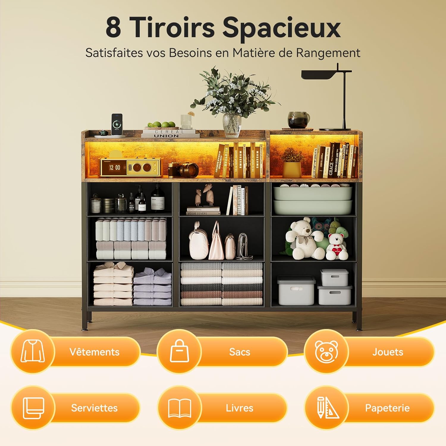 Dresser with drawers open showing organized storage for various items