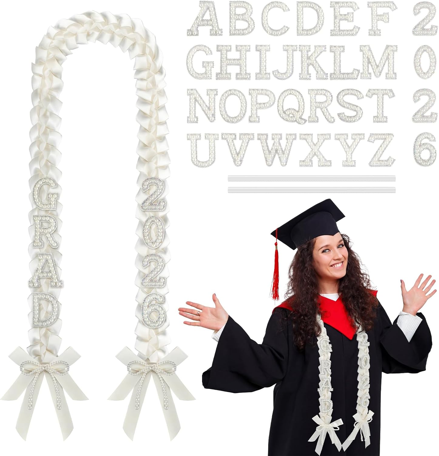 DIY Class of 2026 Graduation Leis with 30 Pearl Patches Letters and Numbers Graduation Money Leis Double Braided Ribbon Necklace for High School College 2026 Grad Party Decor(White)