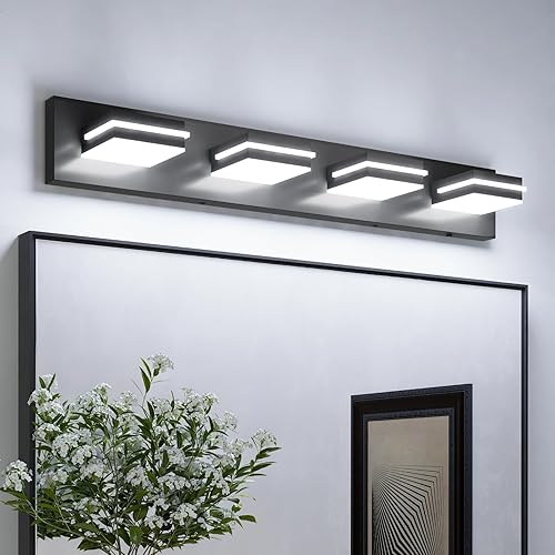 Miniatura 6 de VOLISUN Lámparas de tocador de baño de 4 luces, 30 pulgadas, accesorios de iluminación LED negros sobre espejo, cabezal giratorio de 360, luces LED