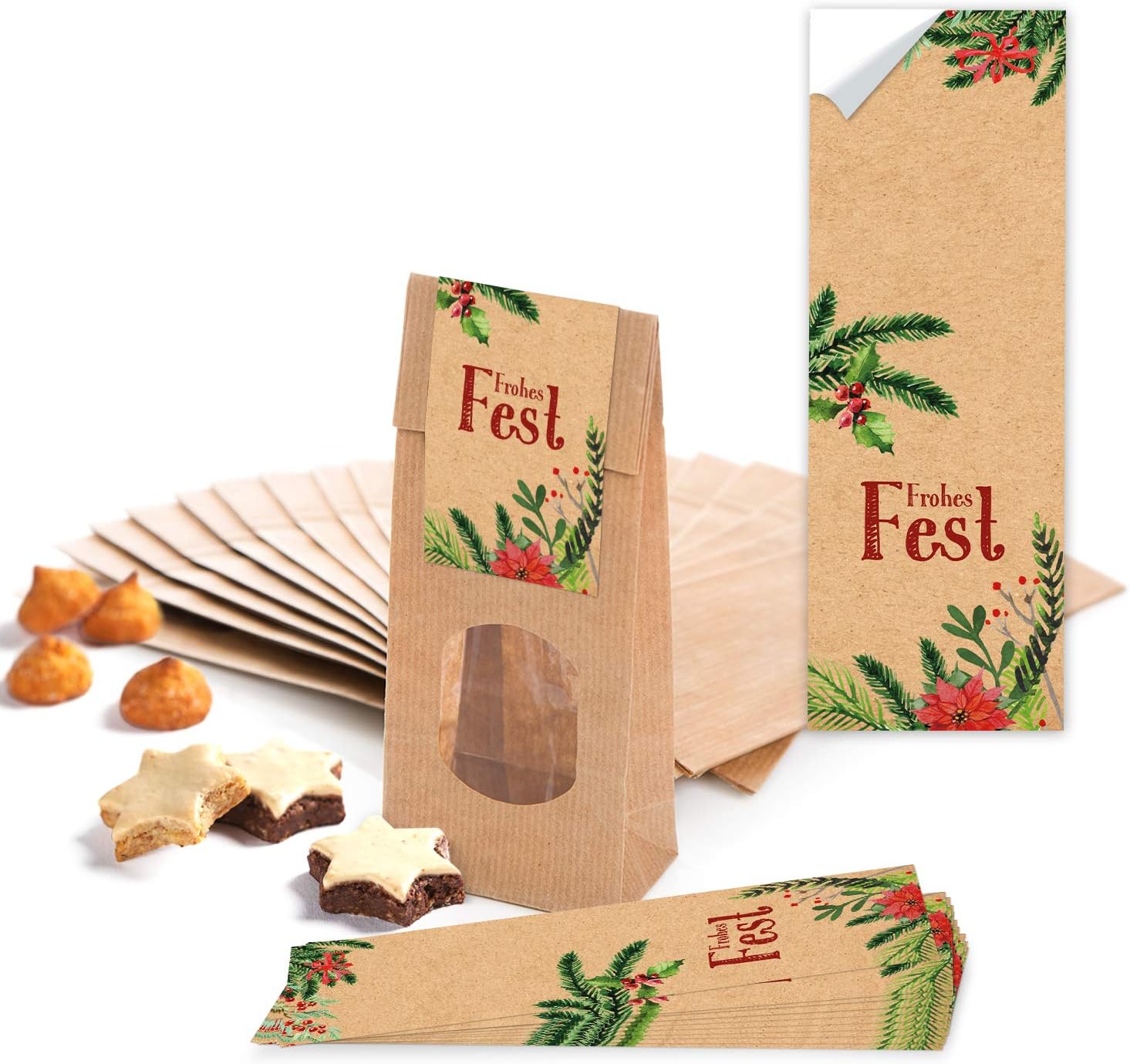 Logbuch-Verlag 25 Brown Block Bottom Bags with Window 7 x 4 x 20.5 cm + 25 Stickers Merry Fest Christmas Gift Packaging Tea Cookies