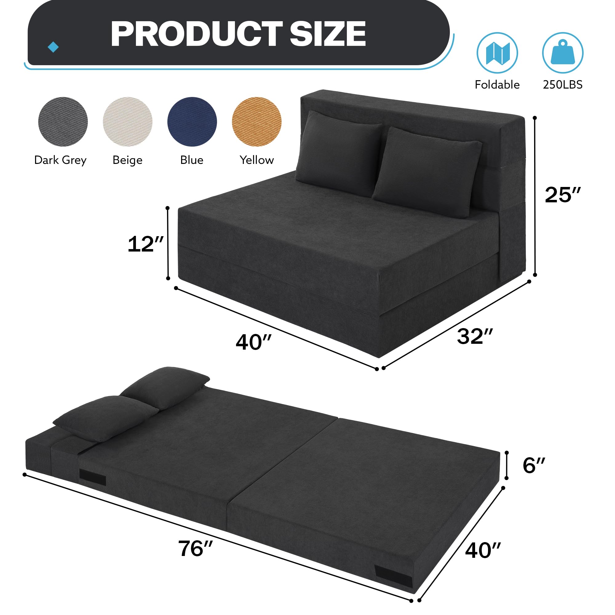 Fvkind Folding Futon Couch, Convertible Sleeper, Standard Size, Dark Grey | Ribbed Corduroy Fabric - Foldable Guest Bed - Bedroom & Living Room - Adults & Visitors - Easy Fold Storage