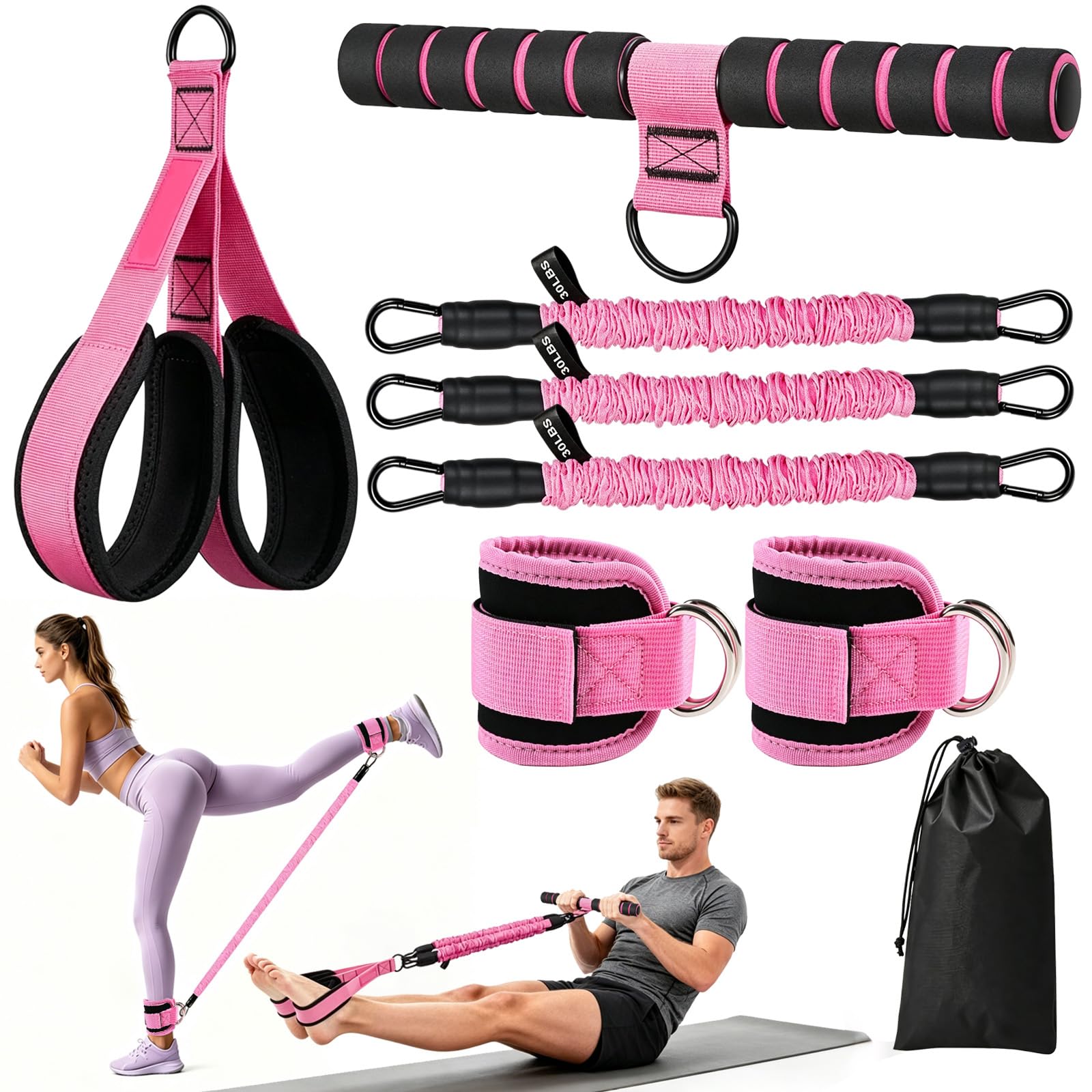 Multifunction Pedal Resistance Band with Handle & Adjustable Ankle Straps,3 Tube Adjustable Resistance Bands,Sit Up Exercise Equipment,Home Gym Fitness Equipment for Abdomen,Waist,Arm,Core,Leg Workout