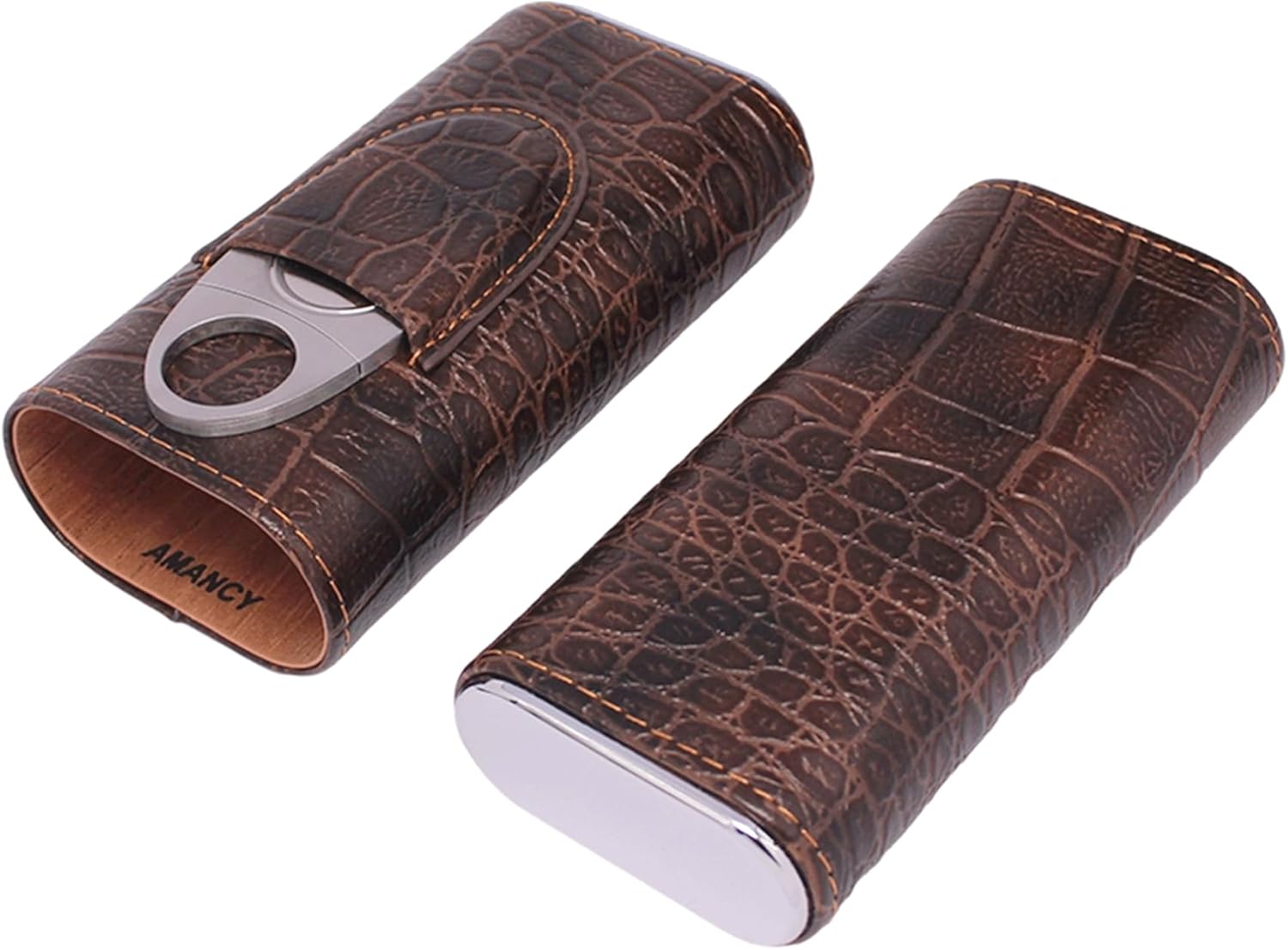 AMANCY 3-Finger Classy Black Brown Crocodile Pattern Leather Cigar Case With Small Humidifier and Cutter - Image 3