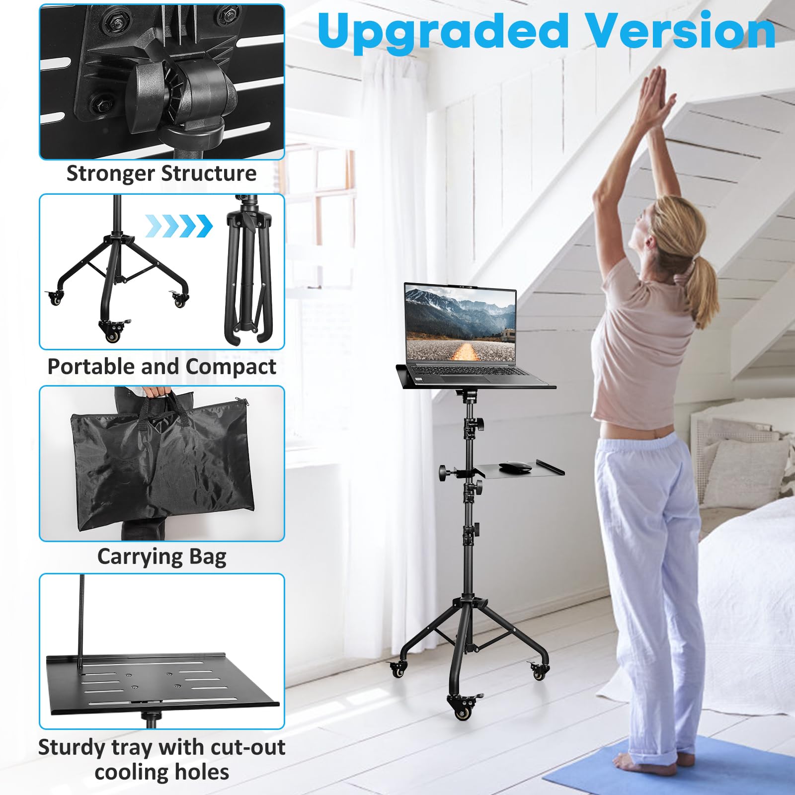 ZeptX Portable Laptop & Projector Stand with Phone Holder and Mouse Tray ?Adjustable Height Tripod Stand for Laptop, Projector, DJ, Sheet Music?Black