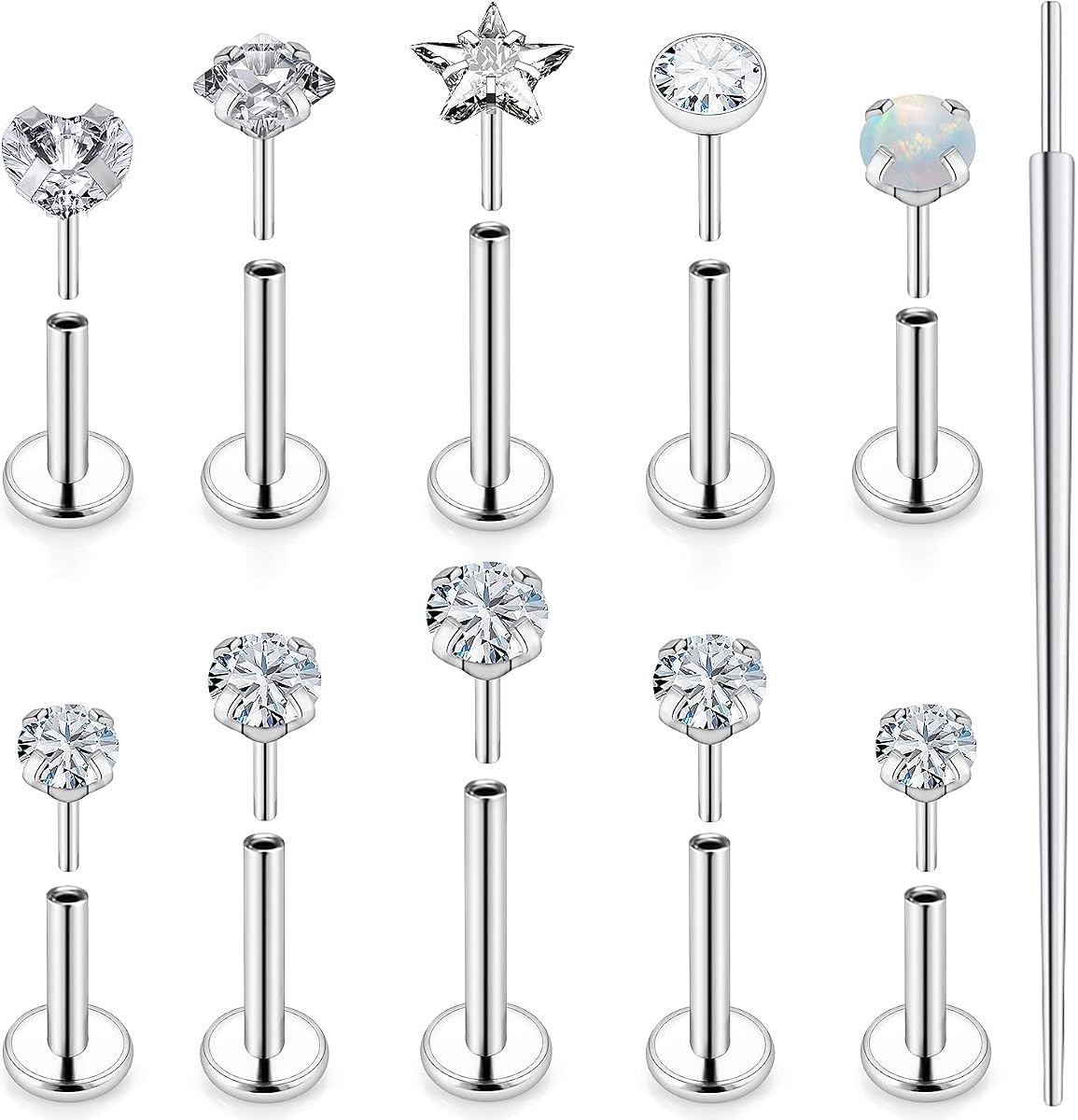20G 18G 16G Push in Sin Cabeza Anillos de Nariz Studs Hipoalergénico Labio Labret Joyería Flat Back Nariz Stud Acero Inoxidable Cartílago Hélice Tragus Pendientes para Mujeres Hombres 6mm 7mm 8mm Barras Diamante 3mm