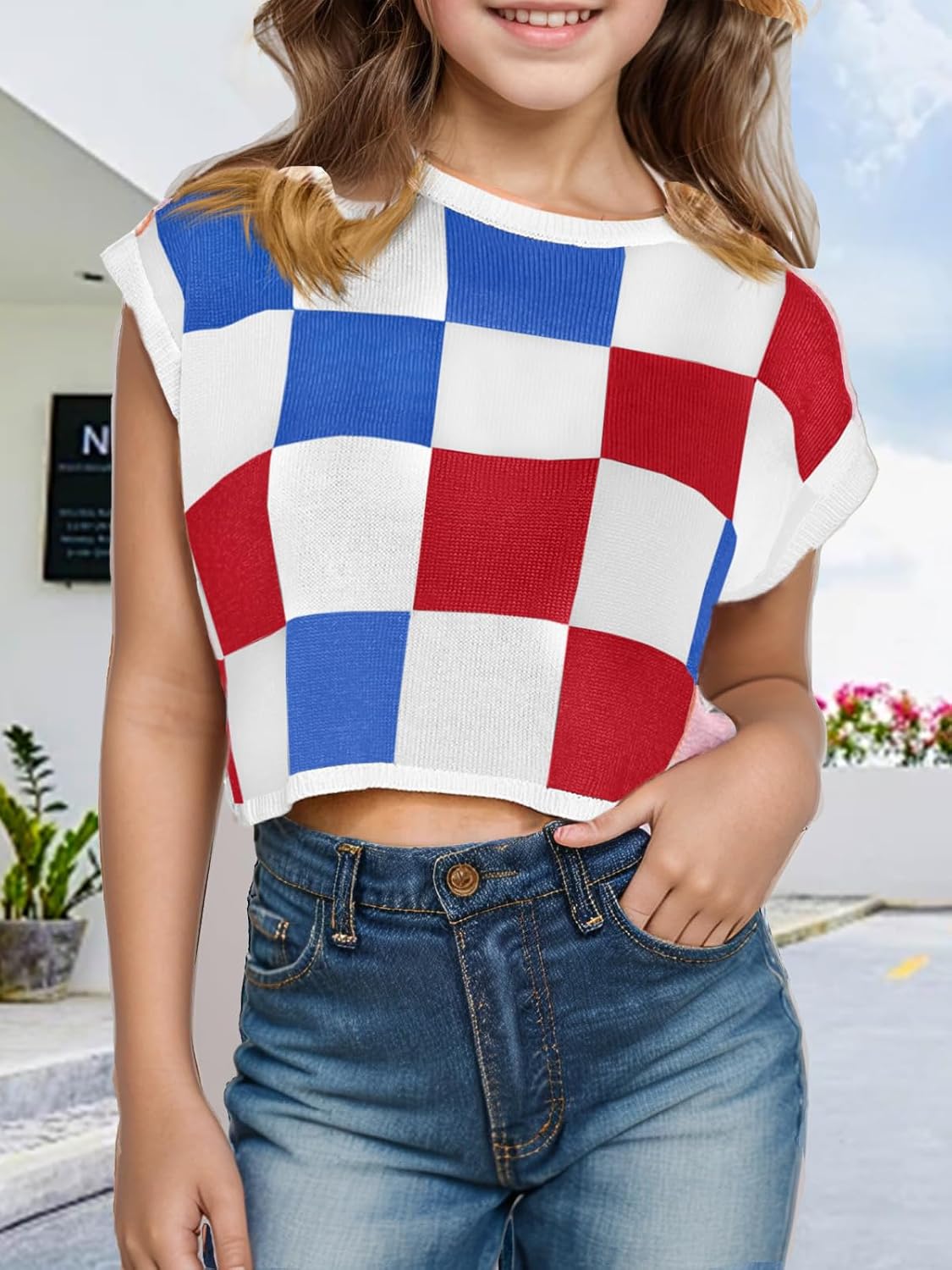 Girls Spring Crop Tops 2026 Summer Sweaters Cute Cap Sleeve Colorblock Loose Teen Top School Picture Outfits - Image 4