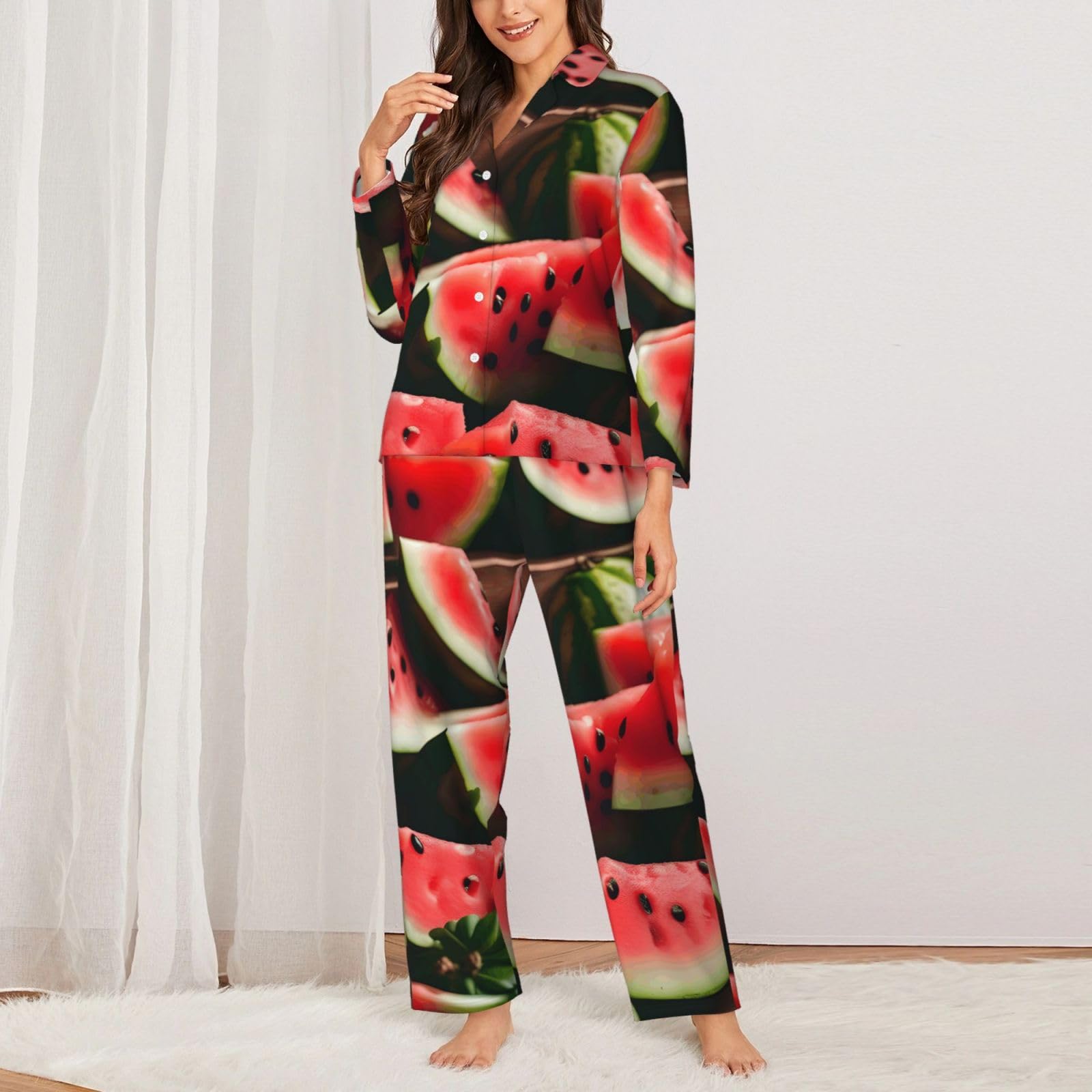 Anguria Frutta Fresco Stampa Delle Donne Manica Lunga Pigiama Set Lounge Sleepwear Accogliente Nightwear Loungewear Tutti i Giorni
