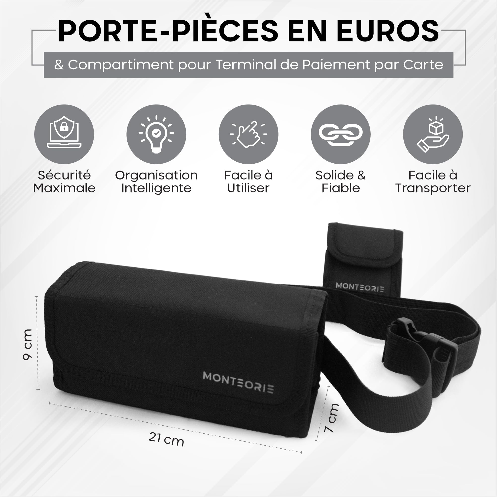 Sacoche de Service Professionnels de la Vente avec Monnayeur Euro et Compartiment TPE Carte Bancaire - Sacoche Ceinture Sécurisée avec Verrou et Fermetures AimantéES