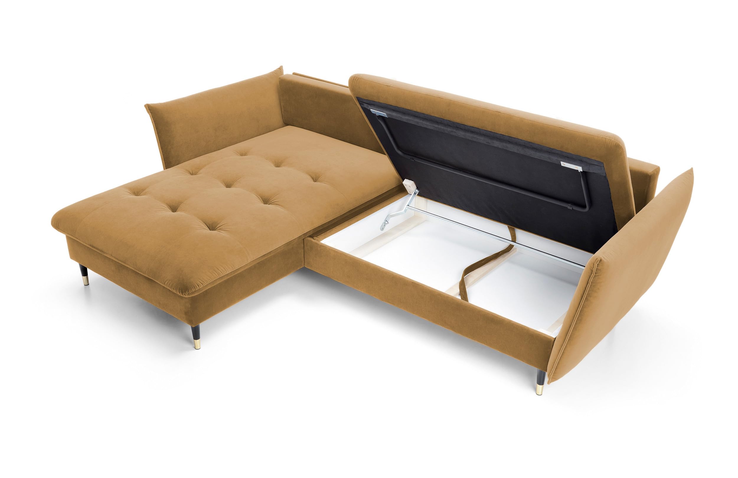 DomoHome Ecksofa Glam mit Schlaffunktion, Freistehend, Ottomane und Goldenen Füßen – Samtsofa im Glamour-Stil für Ihr Wohnzimmer, mit Zierkissen, 258x167x91cm, Linke Seite Platinum