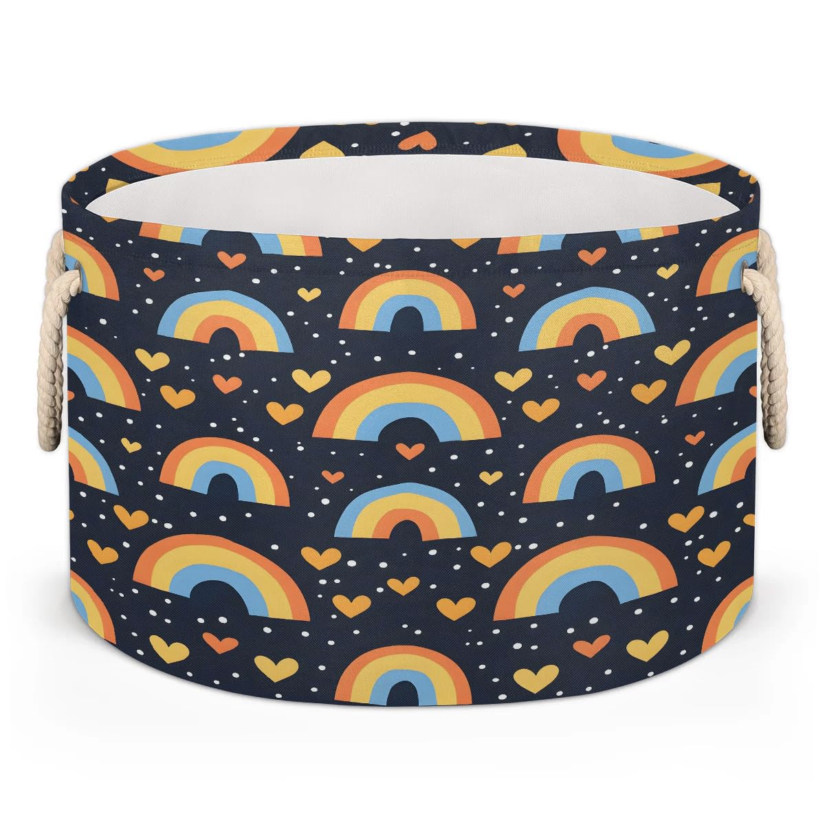 Tablerazzi Rainbow Cartoon Print Large Round Blanket Basket Bin, Blanket Basket for Living Room Collapsible Fabric Laundry Hamper Basket with Handle