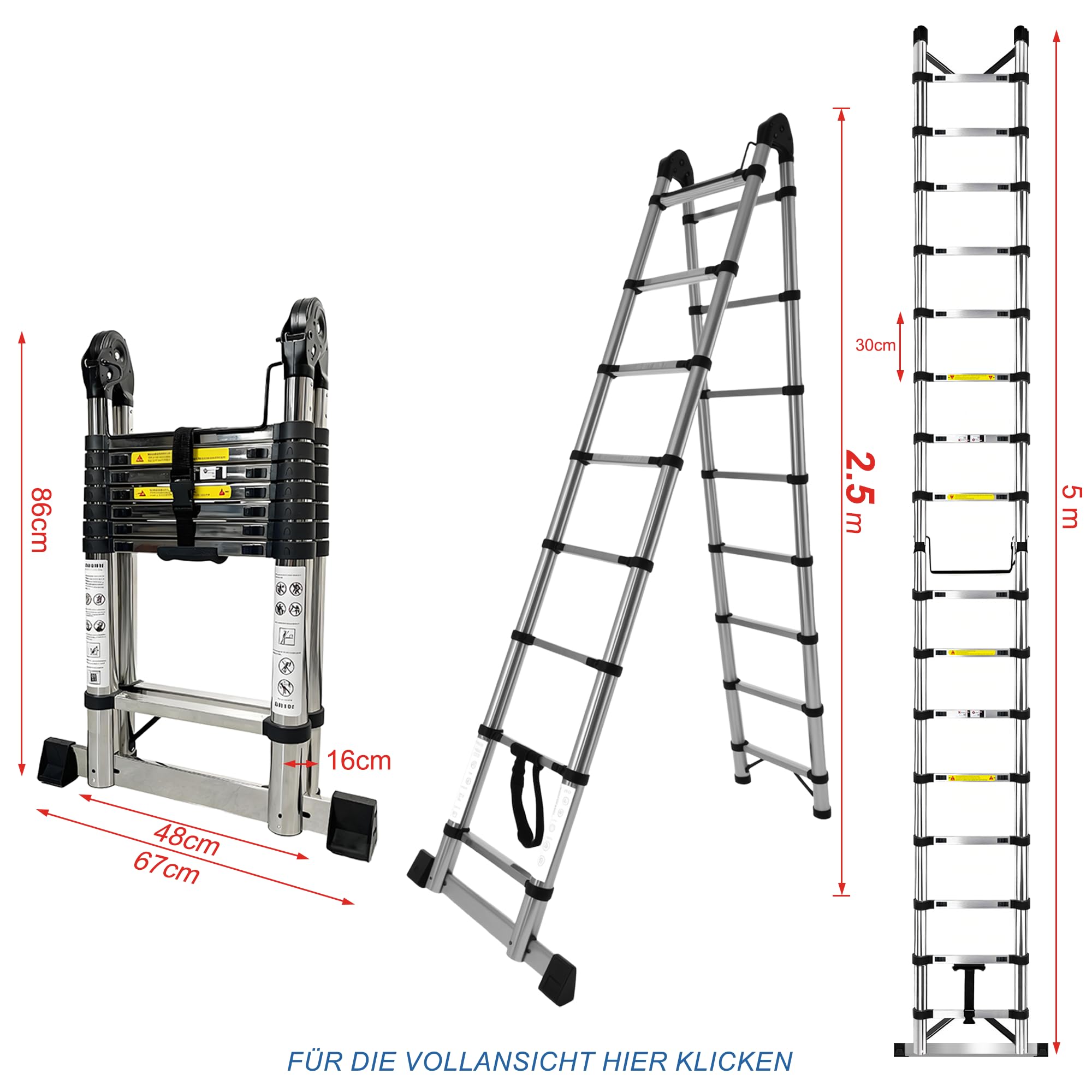 Brsheco Escalera telescópica plegable de acero inoxidable, 5 m (2,5 + 2,5 m), escalera extensible 2 en 1, con estabilizador, gran aplicación, escalera plegable, escalera de pie, 150 kg, color plateado